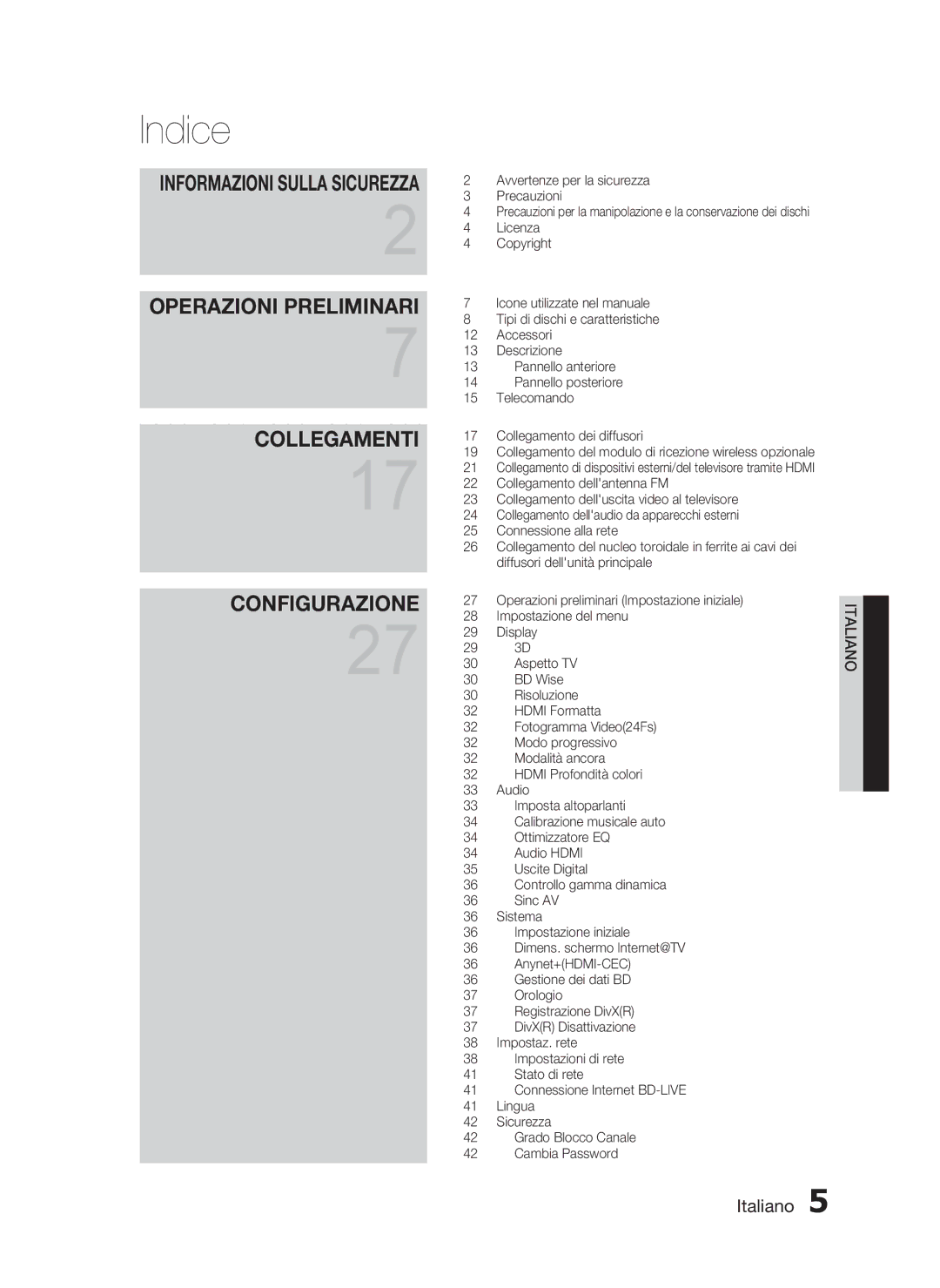 Samsung HT-C5900/XEF manual Indice, Operazioni Preliminari Collegamenti Configurazione 