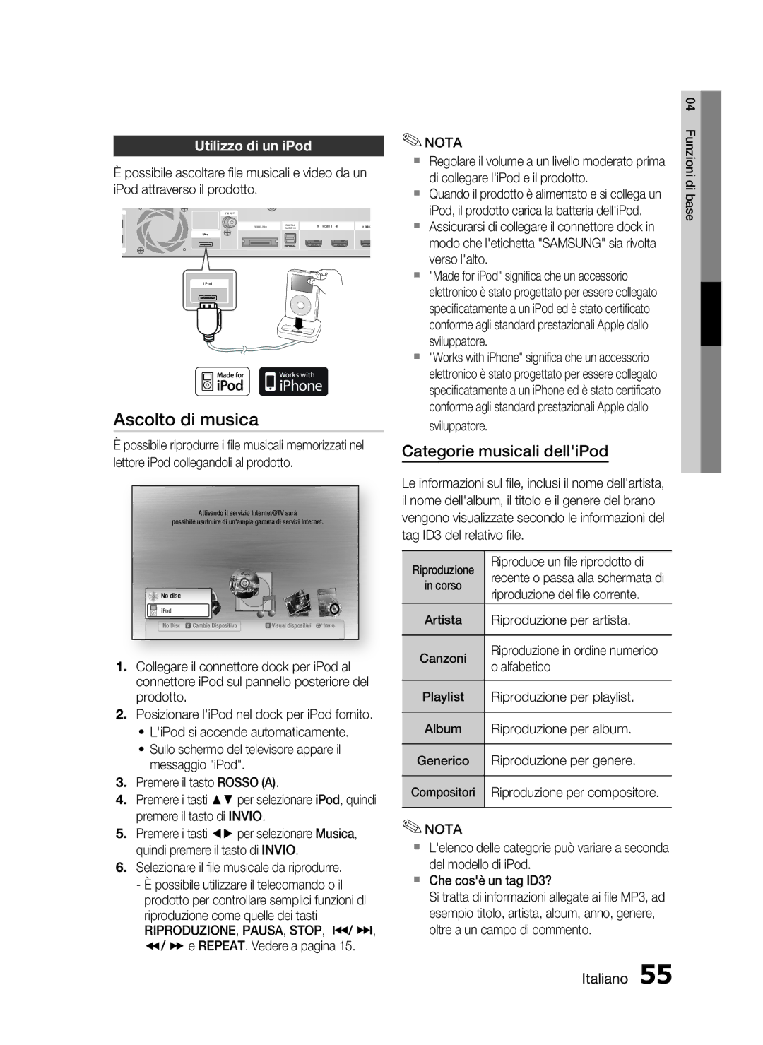 Samsung HT-C5900/XEF manual Ascolto di musica, Utilizzo di un iPod, Riproduzione, Pausa, Stop, #/ $ 