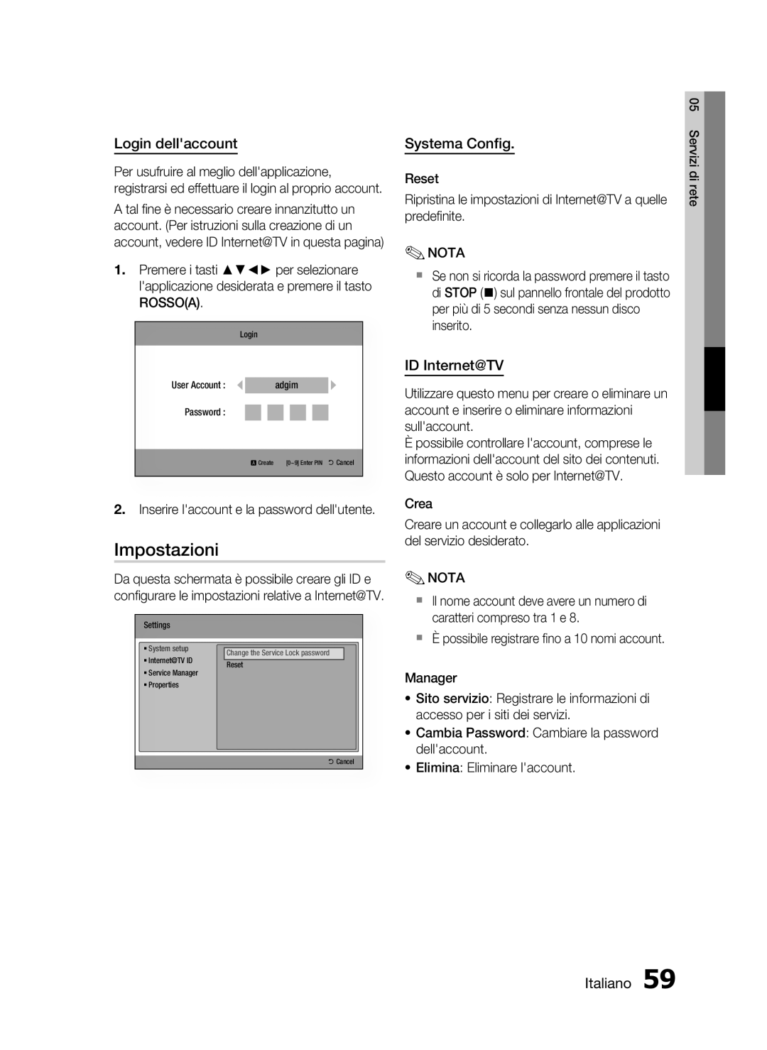 Samsung HT-C5900/XEF manual Impostazioni, Login dellaccount, Systema Conﬁg, ID Internet@TV 