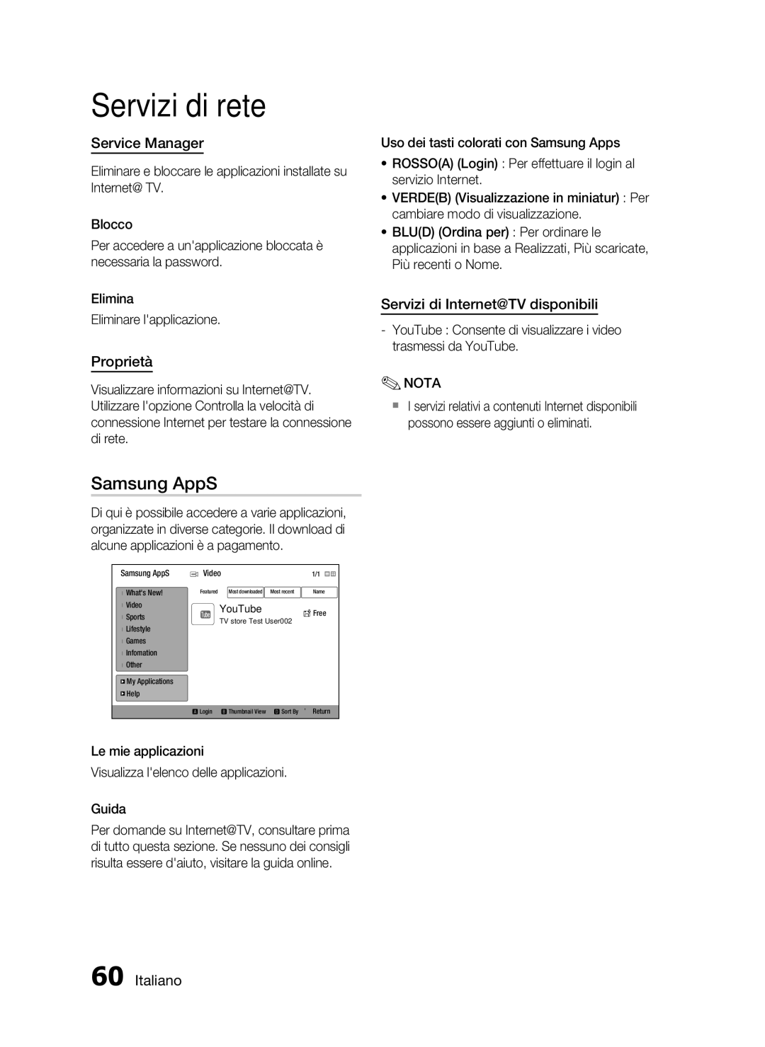 Samsung HT-C5900/XEF manual Samsung AppS, Service Manager, Proprietà, Servizi di Internet@TV disponibili 