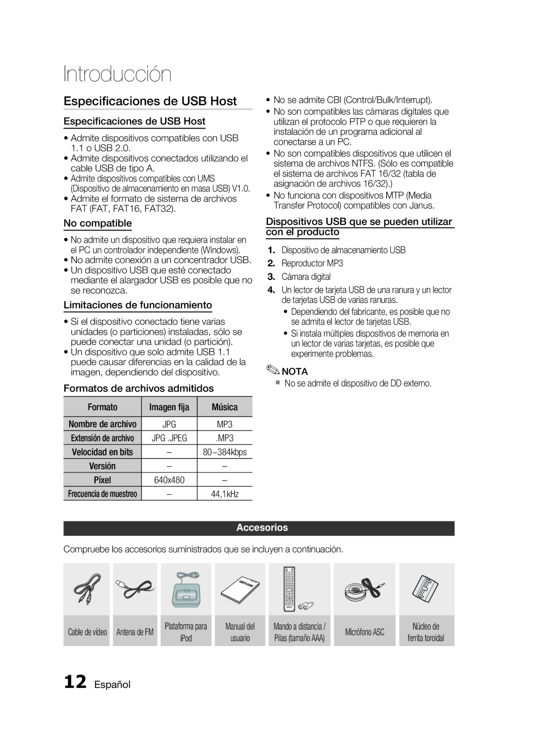 Samsung HT-C5900/XEF manual Especiﬁcaciones de USB Host, Accesorios 