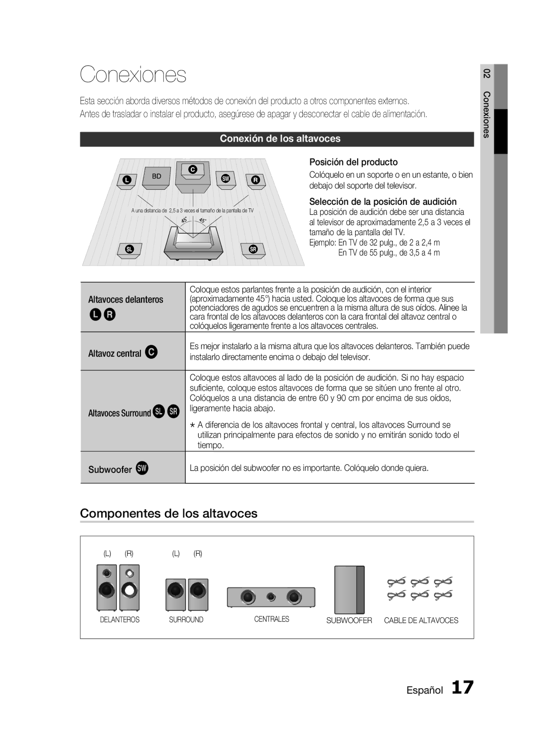 Samsung HT-C5900/XEF manual Conexiones, Componentes de los altavoces, Conexión de los altavoces 