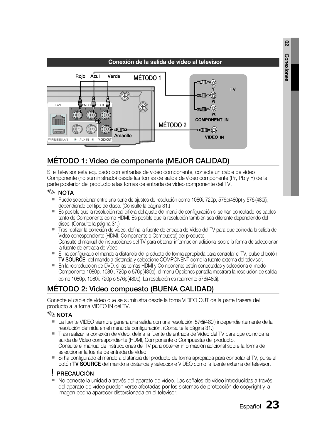 Samsung HT-C5900/XEF manual Método 1 Video de componente Mejor Calidad, Método 2 Video compuesto Buena Calidad 