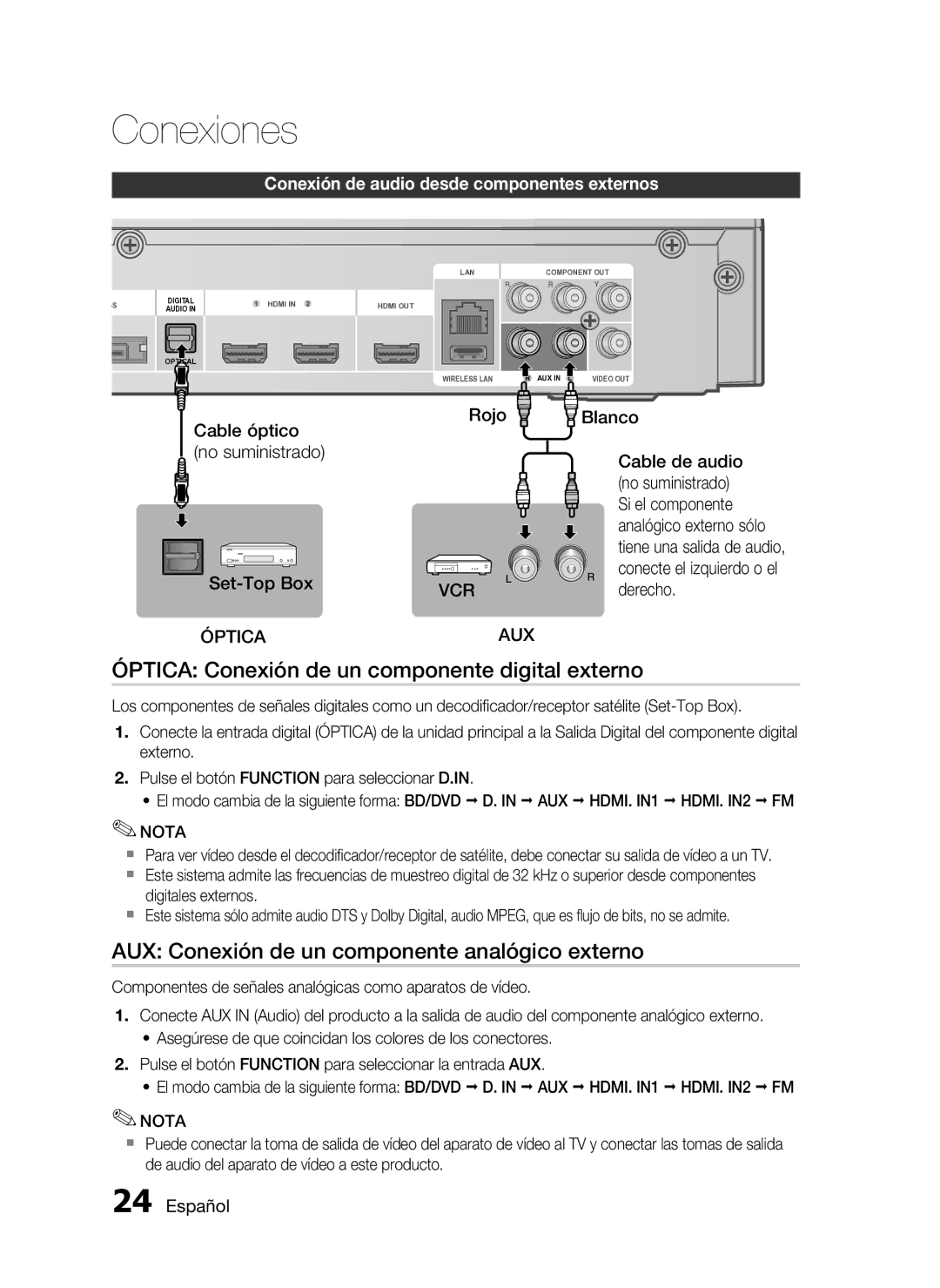 Samsung HT-C5900/XEF Óptica Conexión de un componente digital externo, AUX Conexión de un componente analógico externo 