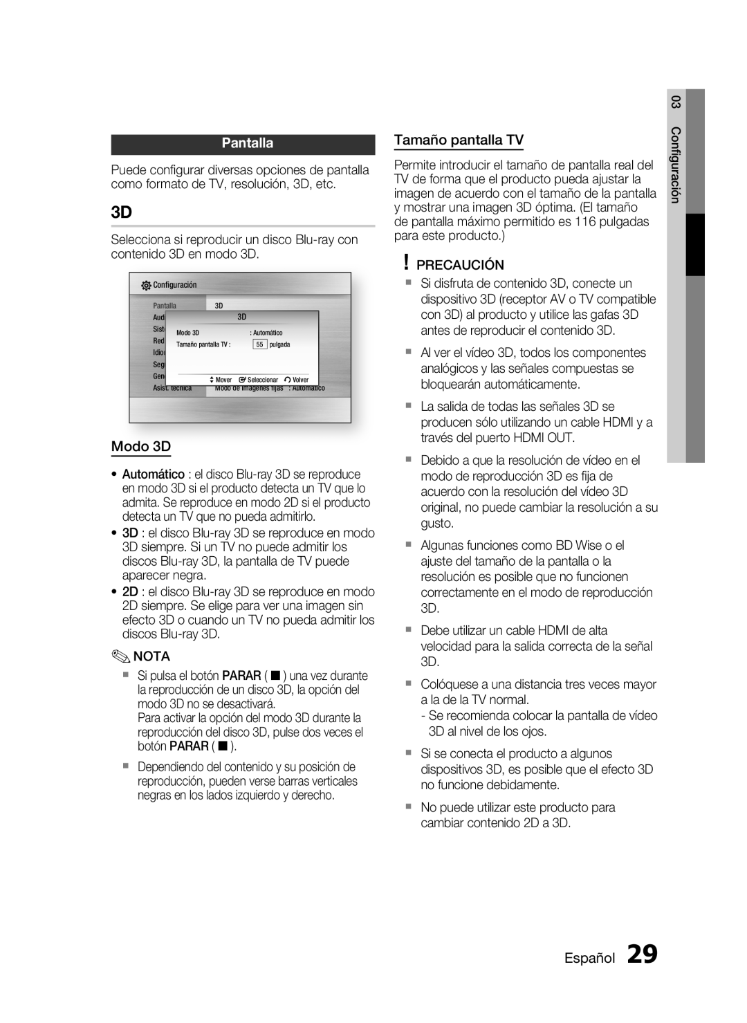 Samsung HT-C5900/XEF manual Pantalla, Modo 3D, Tamaño pantalla TV 