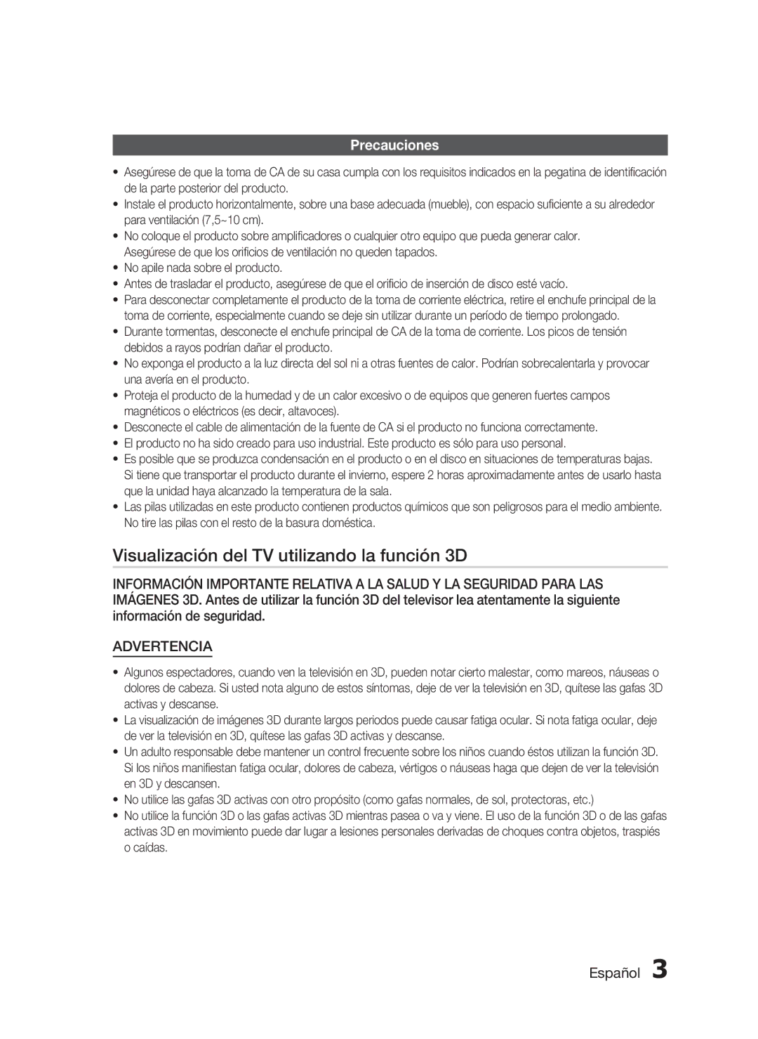 Samsung HT-C5900/XEF manual Visualización del TV utilizando la función 3D, Precauciones 