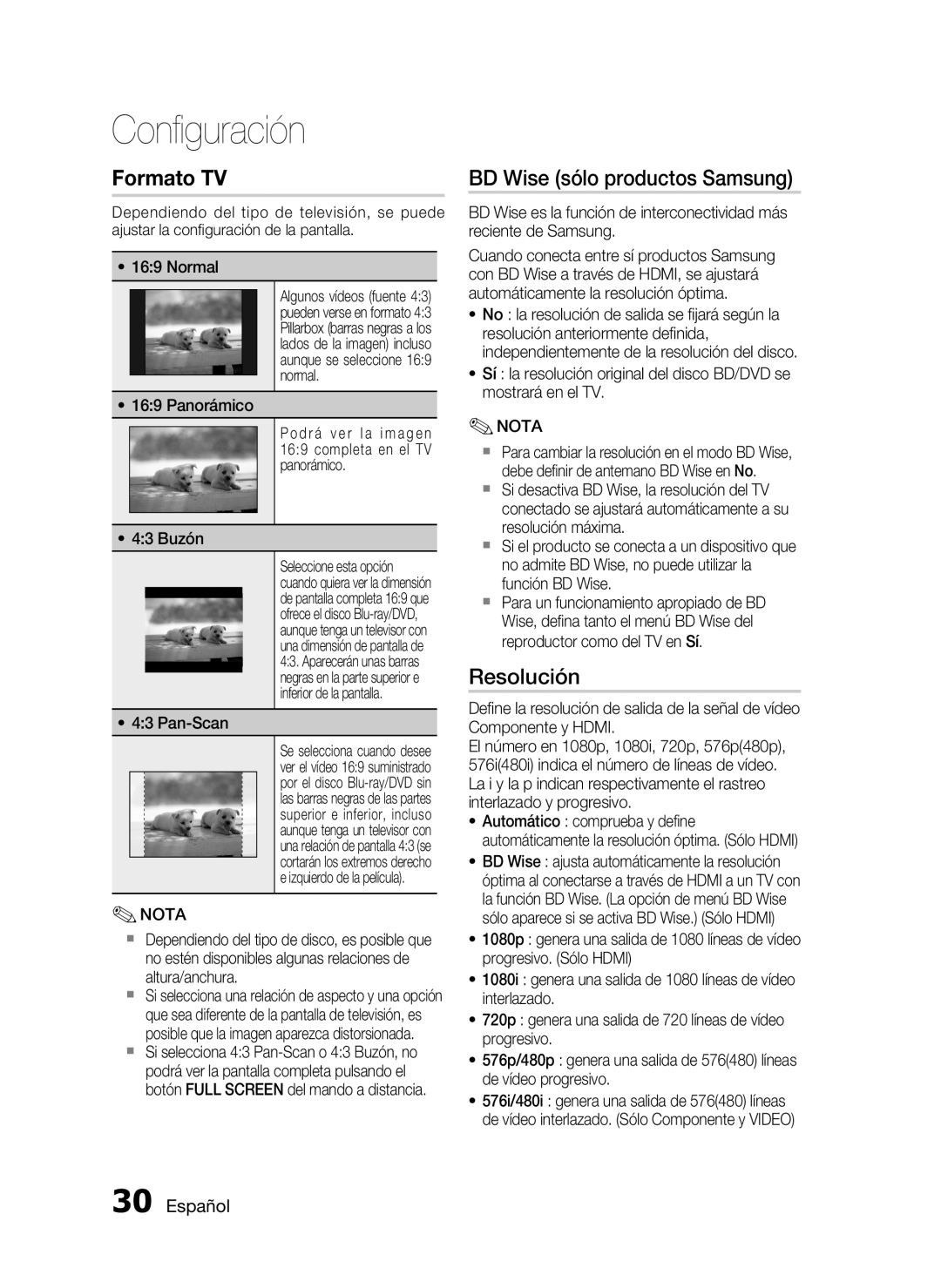 Samsung HT-C5900/XEF manual BD Wise sólo productos Samsung, Resolución, Pan-Scan 