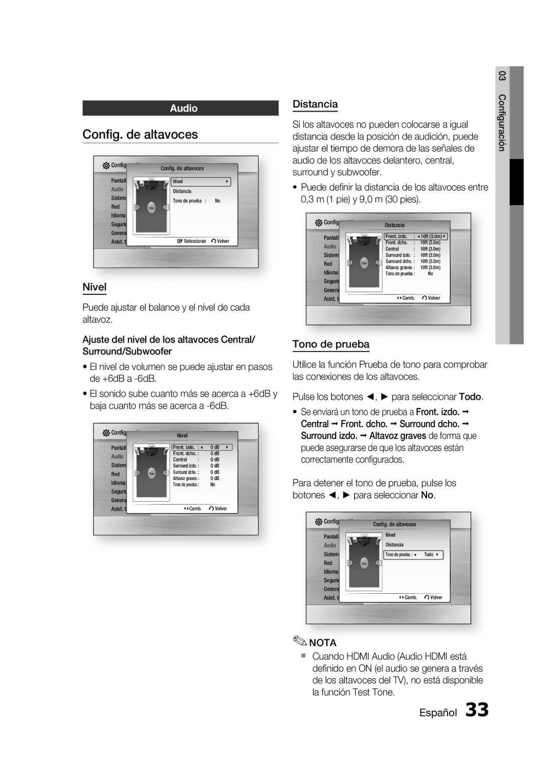 Samsung HT-C5900/XEF manual Conﬁg. de altavoces, Audio, Nivel, Distancia, Tono de prueba 