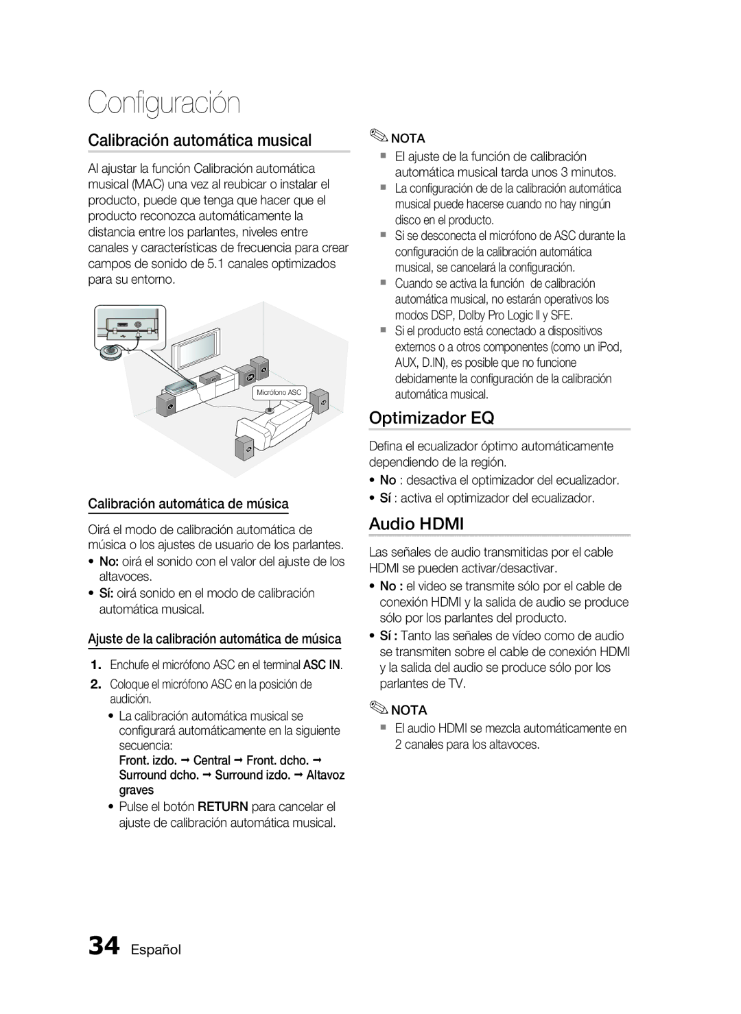 Samsung HT-C5900/XEF manual Calibración automática musical, Optimizador EQ, Audio Hdmi, Calibración automática de música 