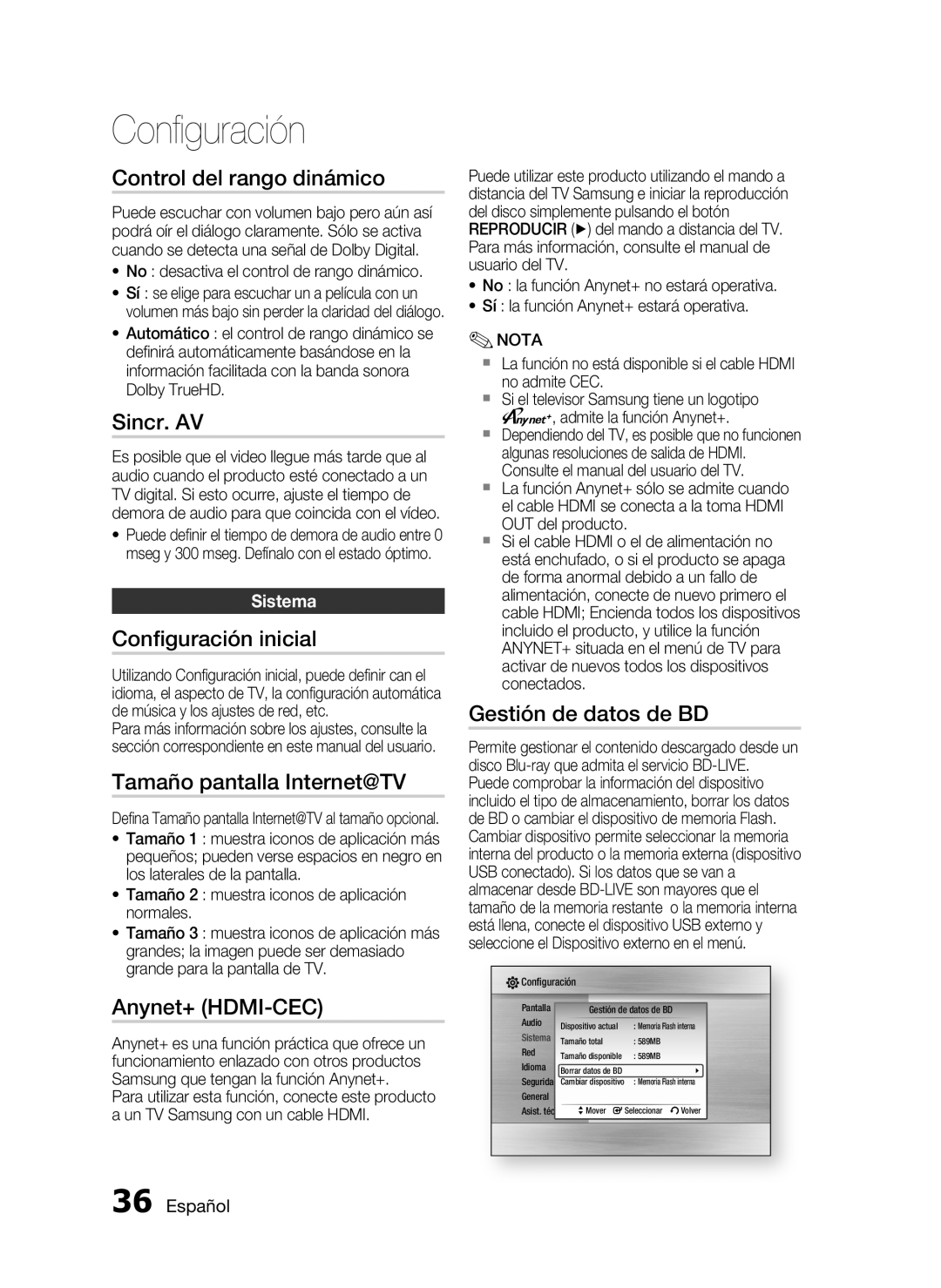 Samsung HT-C5900/XEF manual Control del rango dinámico, Sincr. AV, Conﬁguración inicial, Tamaño pantalla Internet@TV 