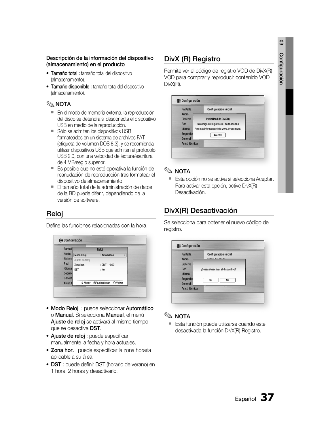 Samsung HT-C5900/XEF manual DivX R Registro, Reloj, DivXR Desactivación 