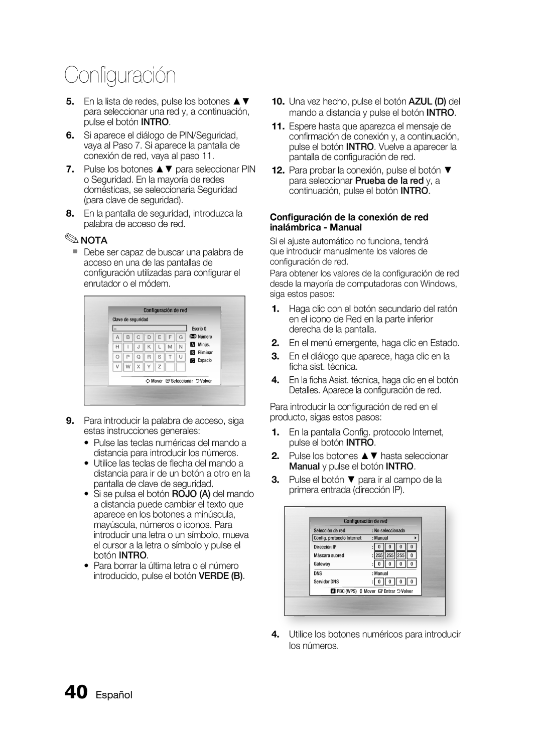 Samsung HT-C5900/XEF manual Conﬁguración de la conexión de red inalámbrica Manual 