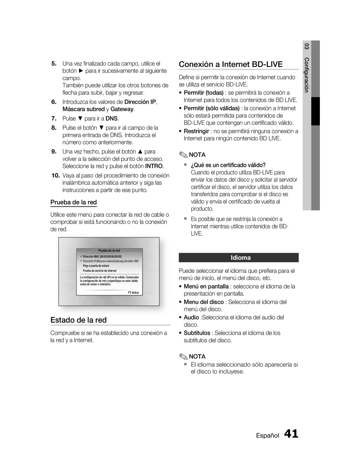 Samsung HT-C5900/XEF manual Estado de la red, Conexión a Internet BD-LIVE, Prueba de la red, Idioma 