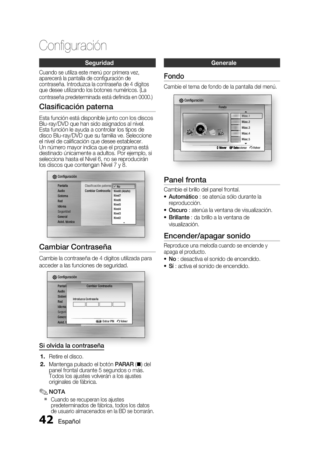 Samsung HT-C5900/XEF manual Clasiﬁcación paterna, Cambiar Contraseña, Fondo, Panel fronta, Encender/apagar sonido 