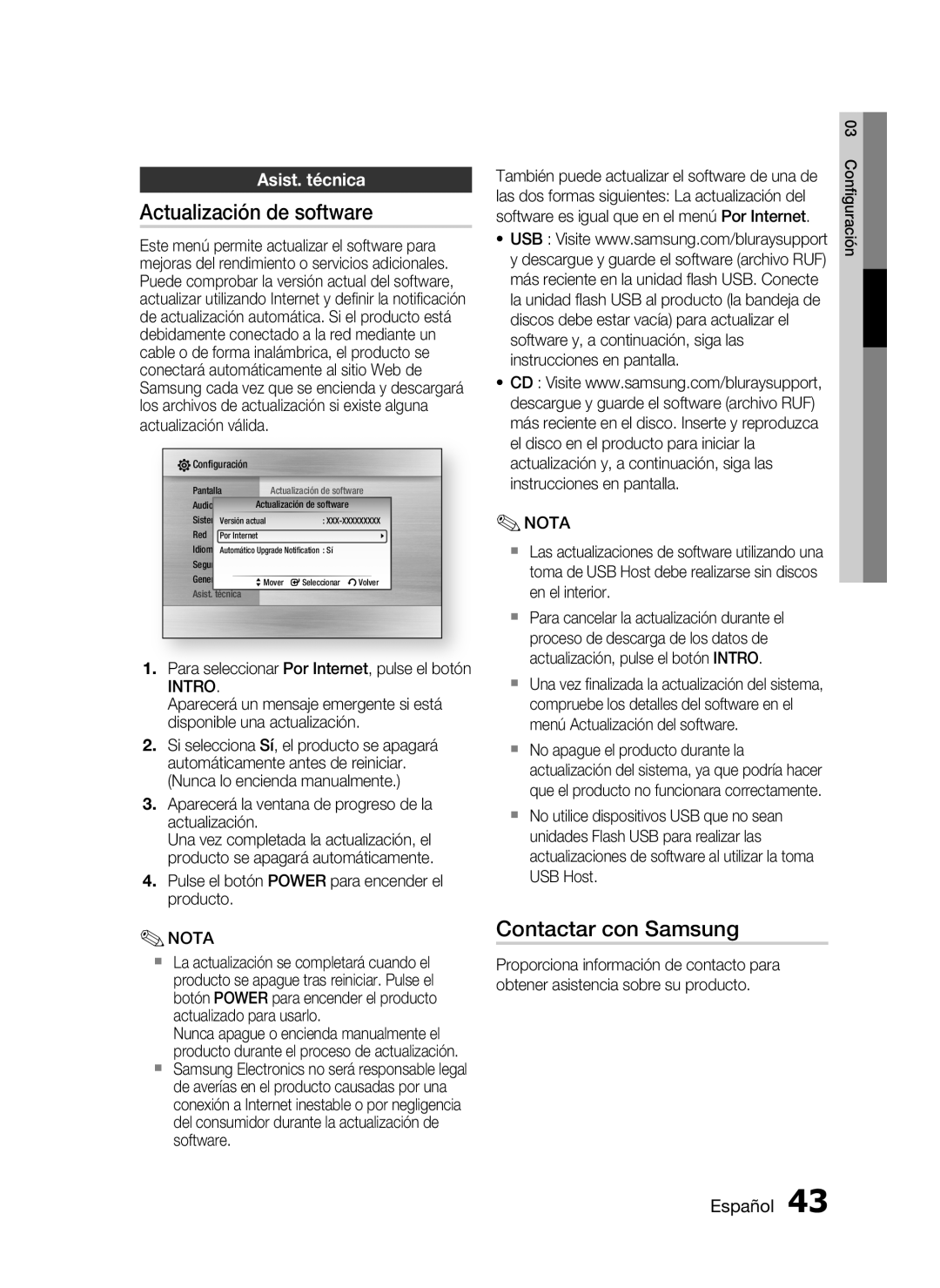 Samsung HT-C5900/XEF manual Actualización de software, Contactar con Samsung, Asist. técnica 