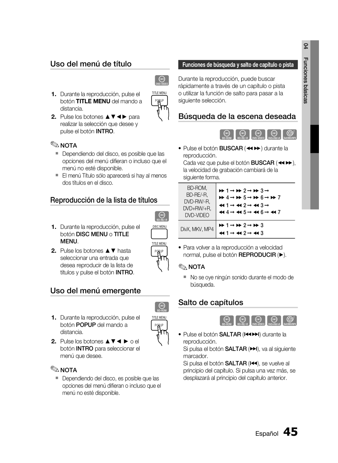 Samsung HT-C5900/XEF manual Uso del menú de título, Reproducción de la lista de títulos, Uso del menú emergente 