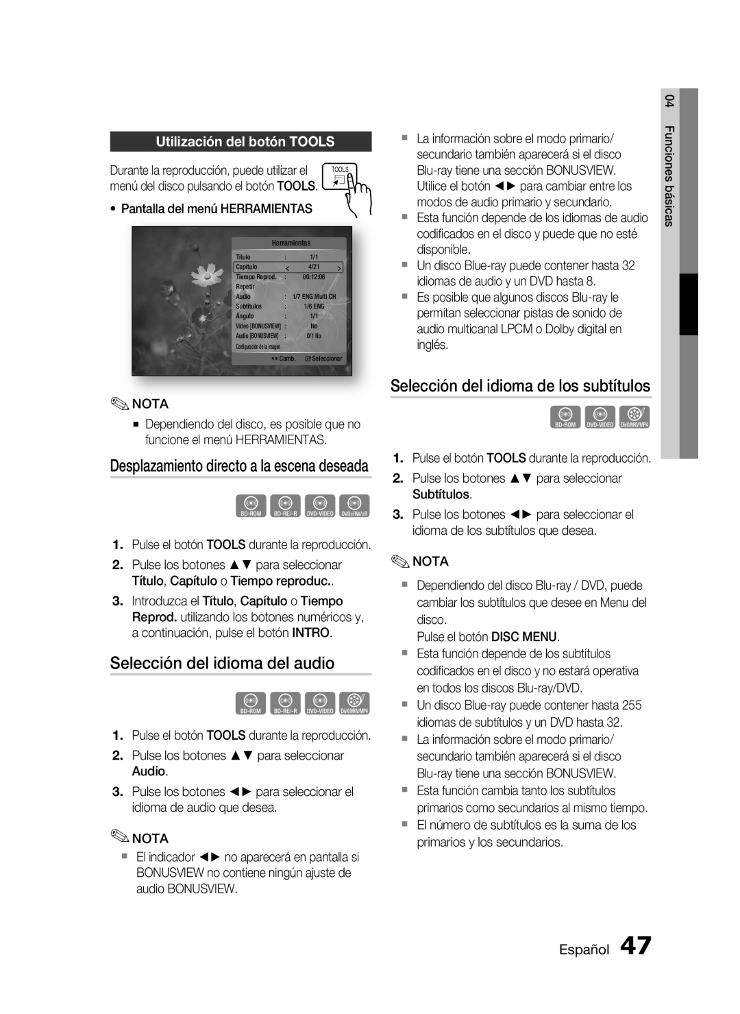 Samsung HT-C5900/XEF Selección del idioma del audio, Selección del idioma de los subtítulos, Utilización del botón Tools 