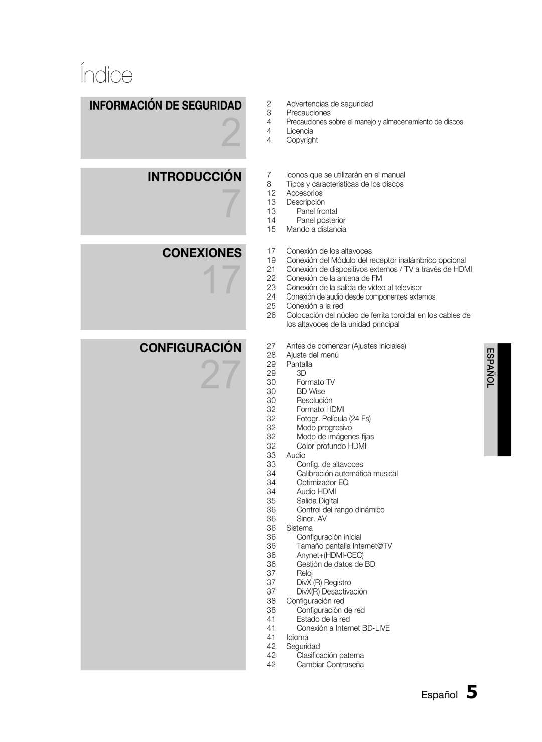 Samsung HT-C5900/XEF manual Índice, Introducción Conexiones Configuración 