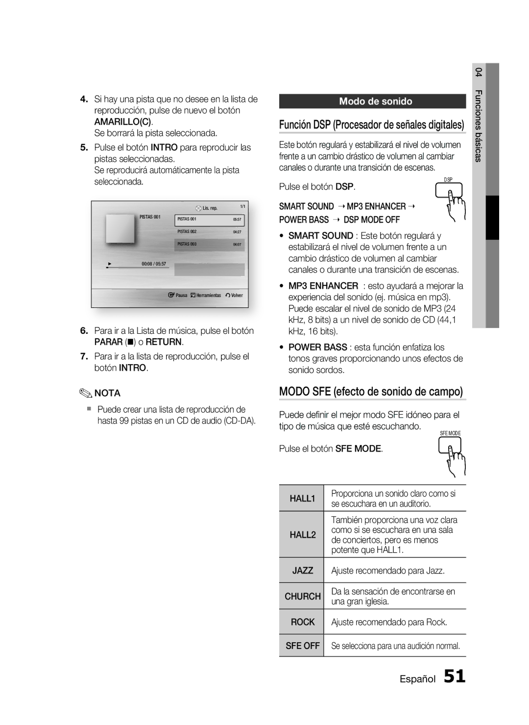 Samsung HT-C5900/XEF manual Power Bass DSP Mode OFF, HALL1, Church, Rock, Sfe Off 