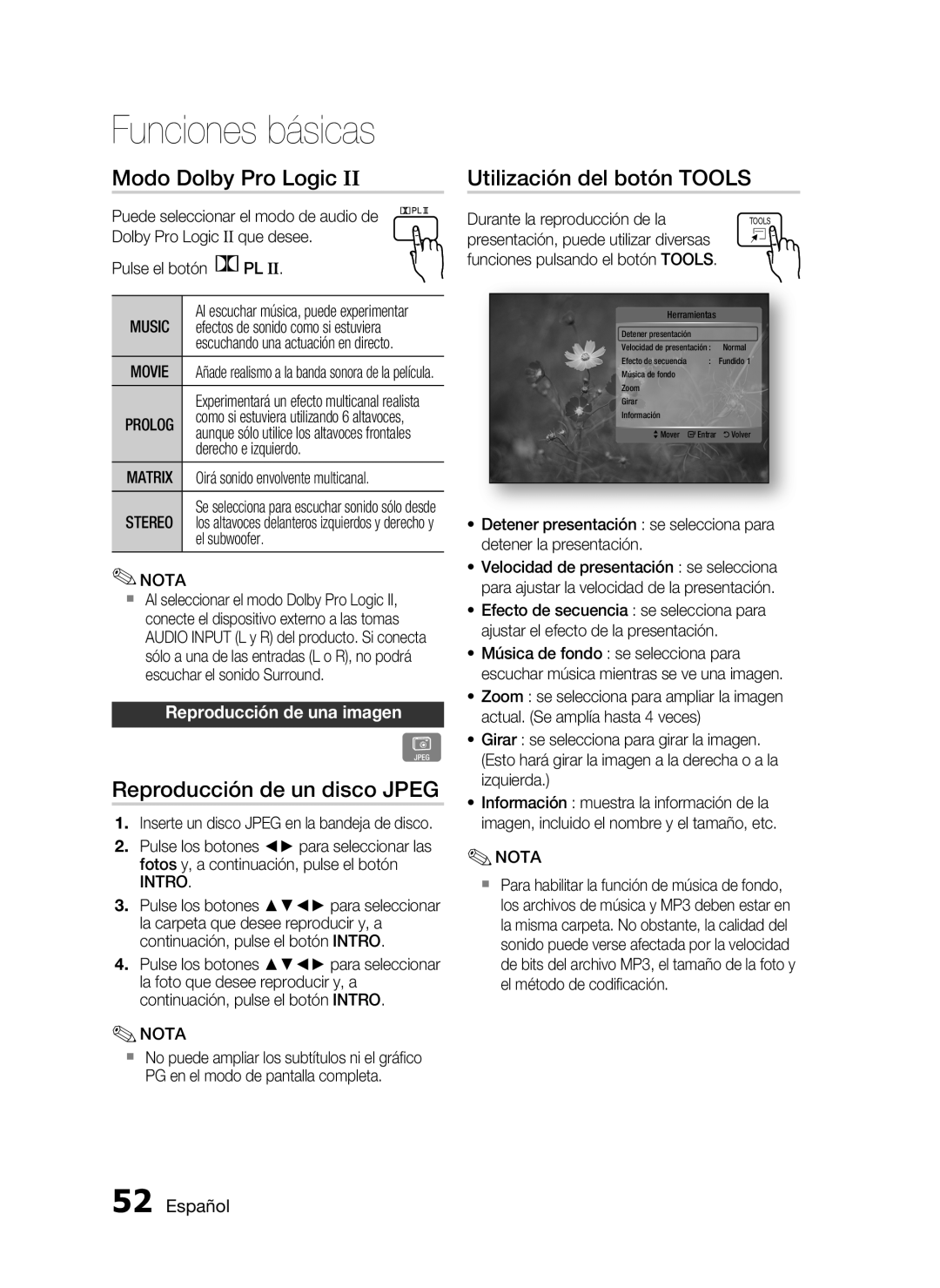 Samsung HT-C5900/XEF manual Modo Dolby Pro Logic, Reproducción de un disco Jpeg, Utilización del botón Tools, Music 