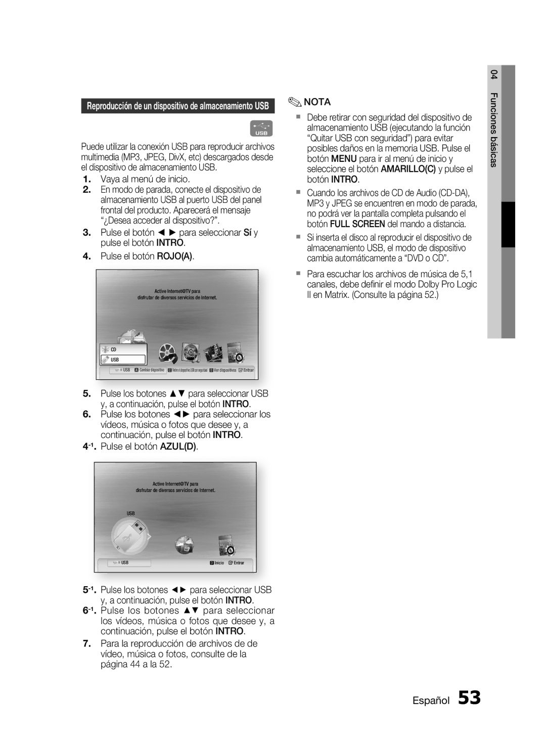 Samsung HT-C5900/XEF manual Vaya al menú de inicio, Reproducción de un dispositivo de almacenamiento USB 