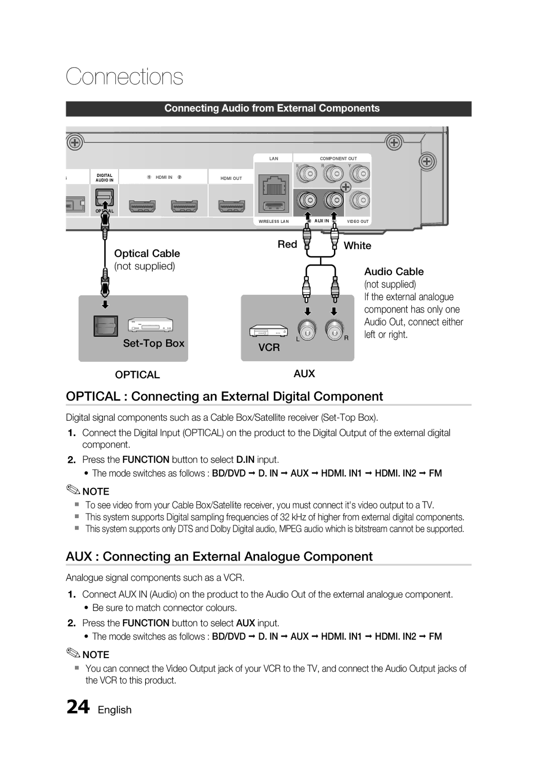 Samsung HT-C5900/XEN manual Optical Connecting an External Digital Component, AUX Connecting an External Analogue Component 