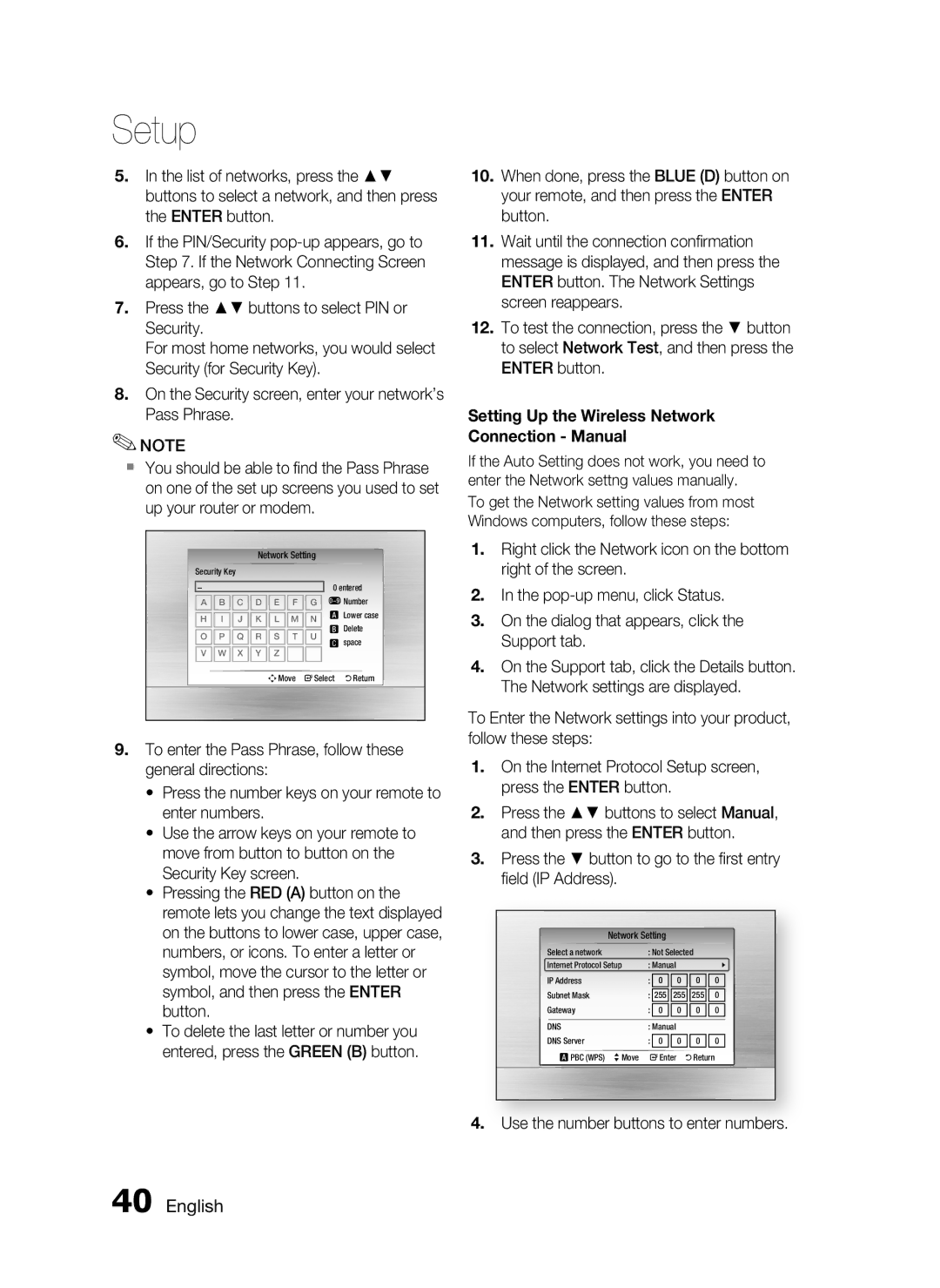 Samsung HT-C5900/XEN manual Setting Up the Wireless Network Connection Manual, Use the number buttons to enter numbers 