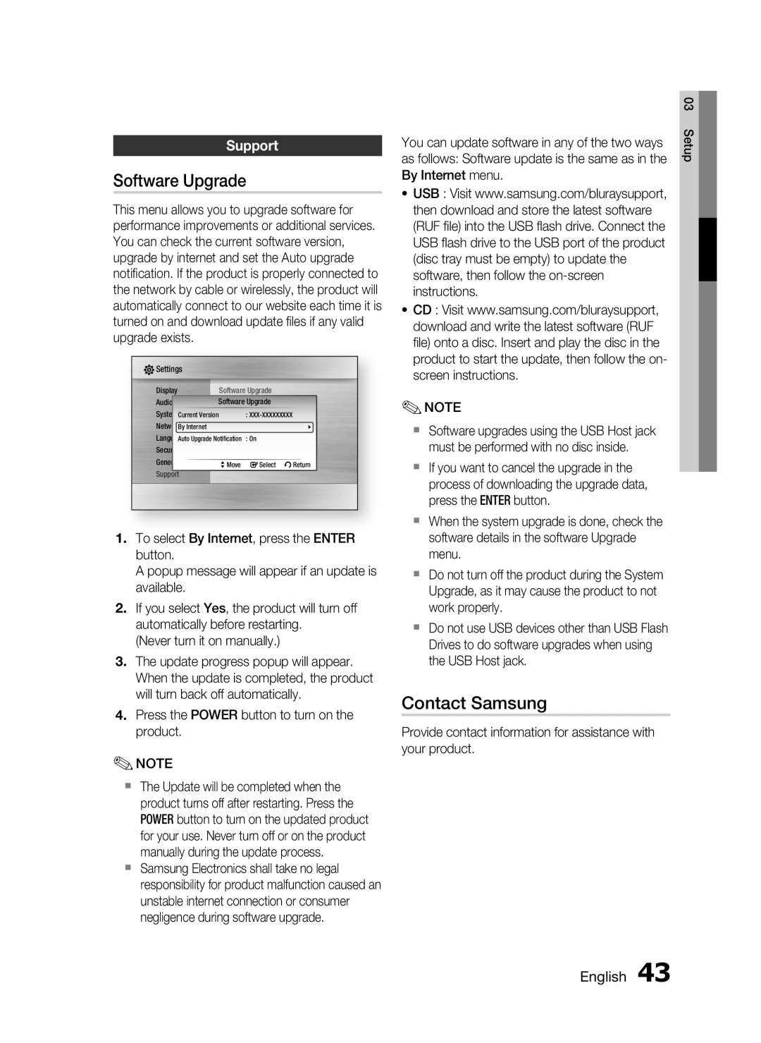 Samsung HT-C5900/XEE, HT-C5900/XEN, HT-C5900/EDC, HT-C5900/XEF manual Software Upgrade, Contact Samsung, Support 