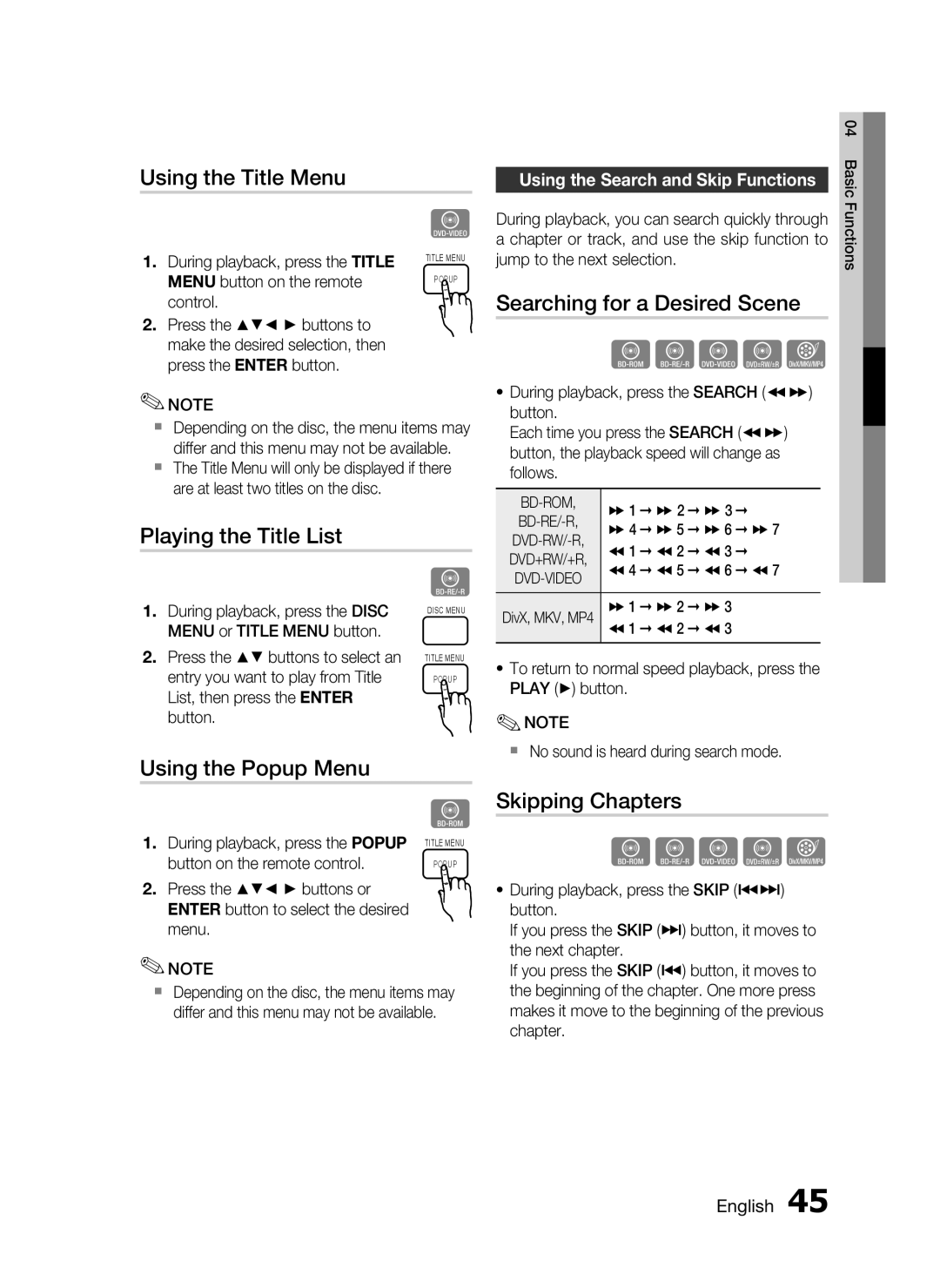 Samsung HT-C5900/EDC Using the Title Menu, Playing the Title List, Using the Popup Menu, Searching for a Desired Scene 