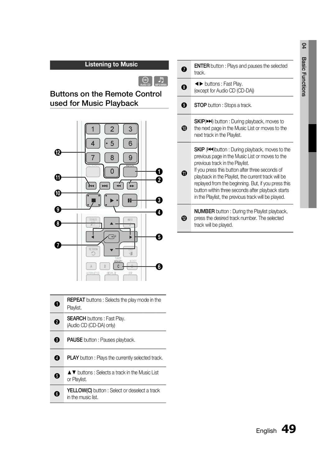 Samsung HT-C5900/EDC Buttons on the Remote Control used for Music Playback, Listening to Music, Stop button Stops a track 