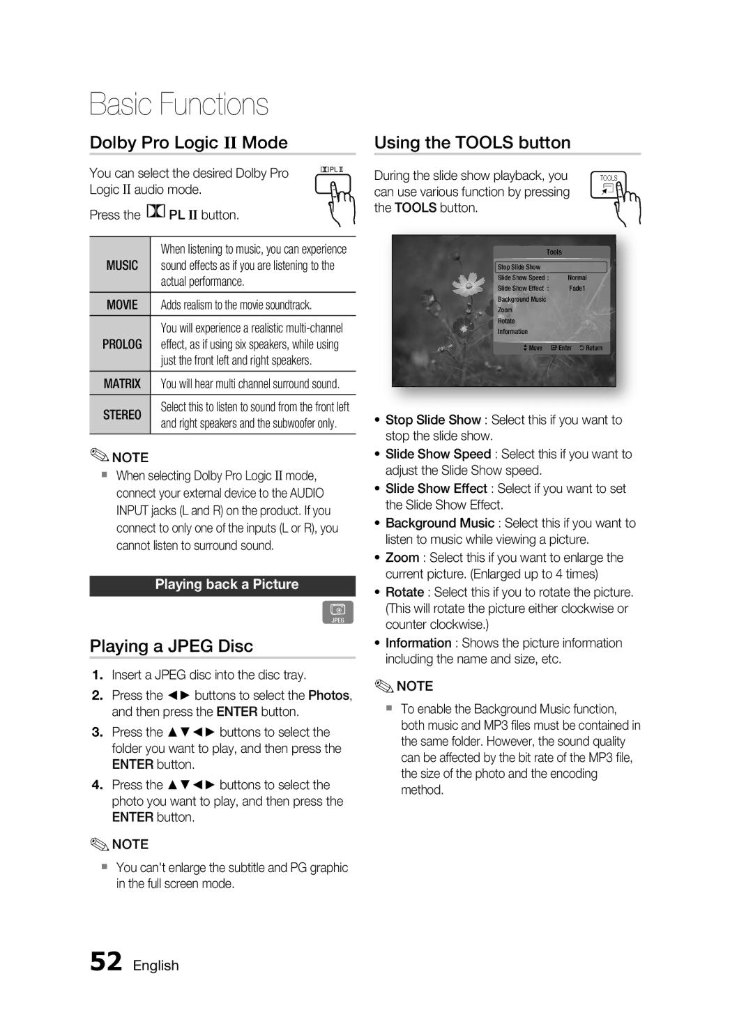 Samsung HT-C5900/XEN manual Dolby Pro Logic II Mode Using the Tools button, Playing a Jpeg Disc, Playing back a Picture 