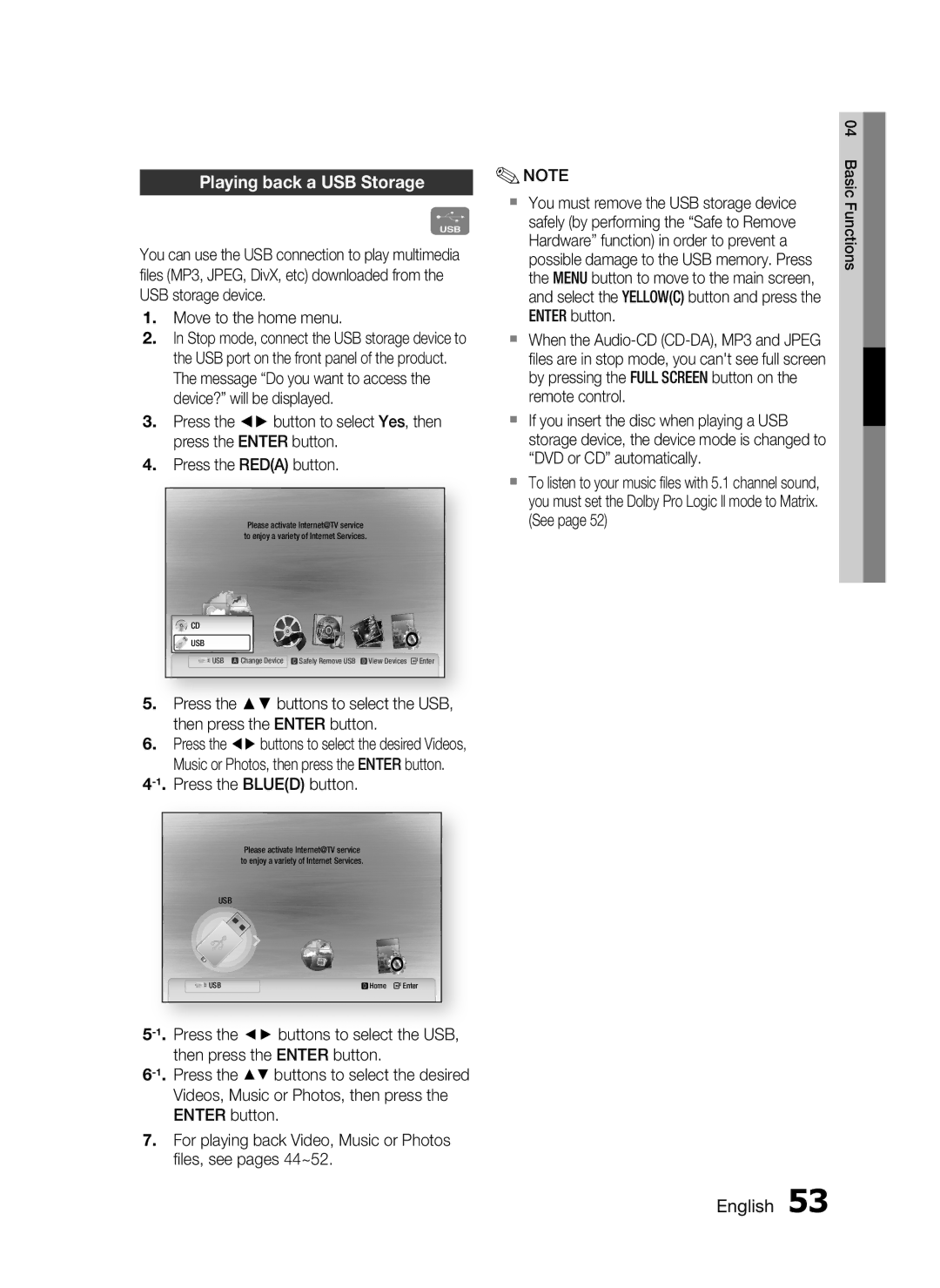 Samsung HT-C5900/EDC, HT-C5900/XEN, HT-C5900/XEF, HT-C5900/XEE manual Playing back a USB Storage 