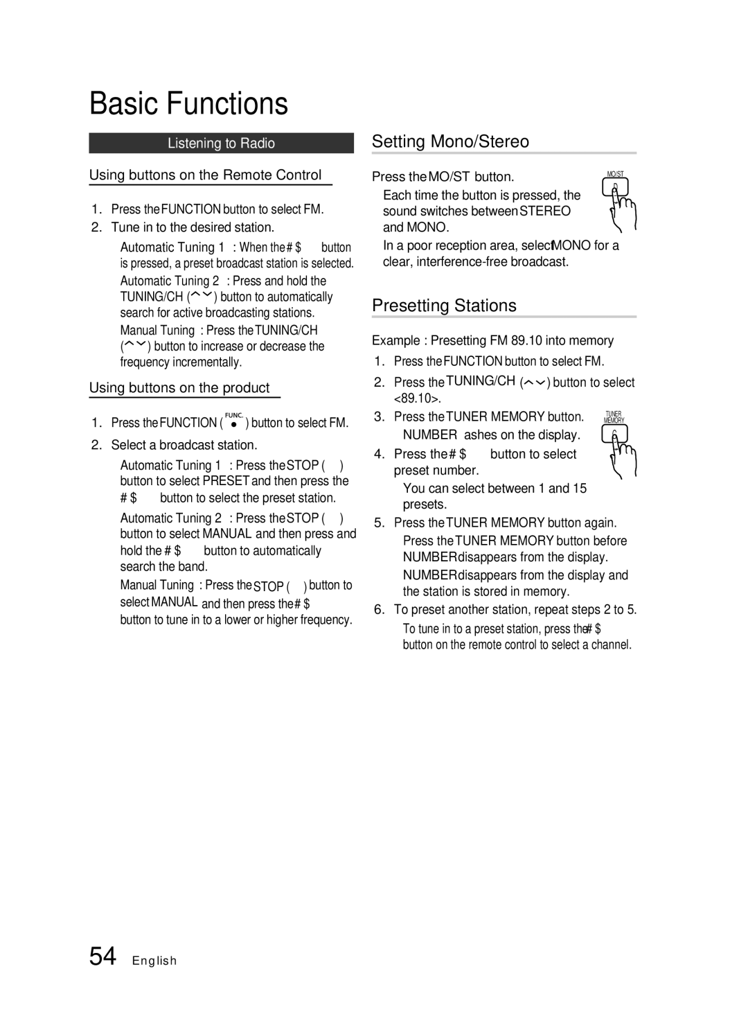 Samsung HT-C5900/XEF Setting Mono/Stereo, Presetting Stations, Listening to Radio, Using buttons on the Remote Control 