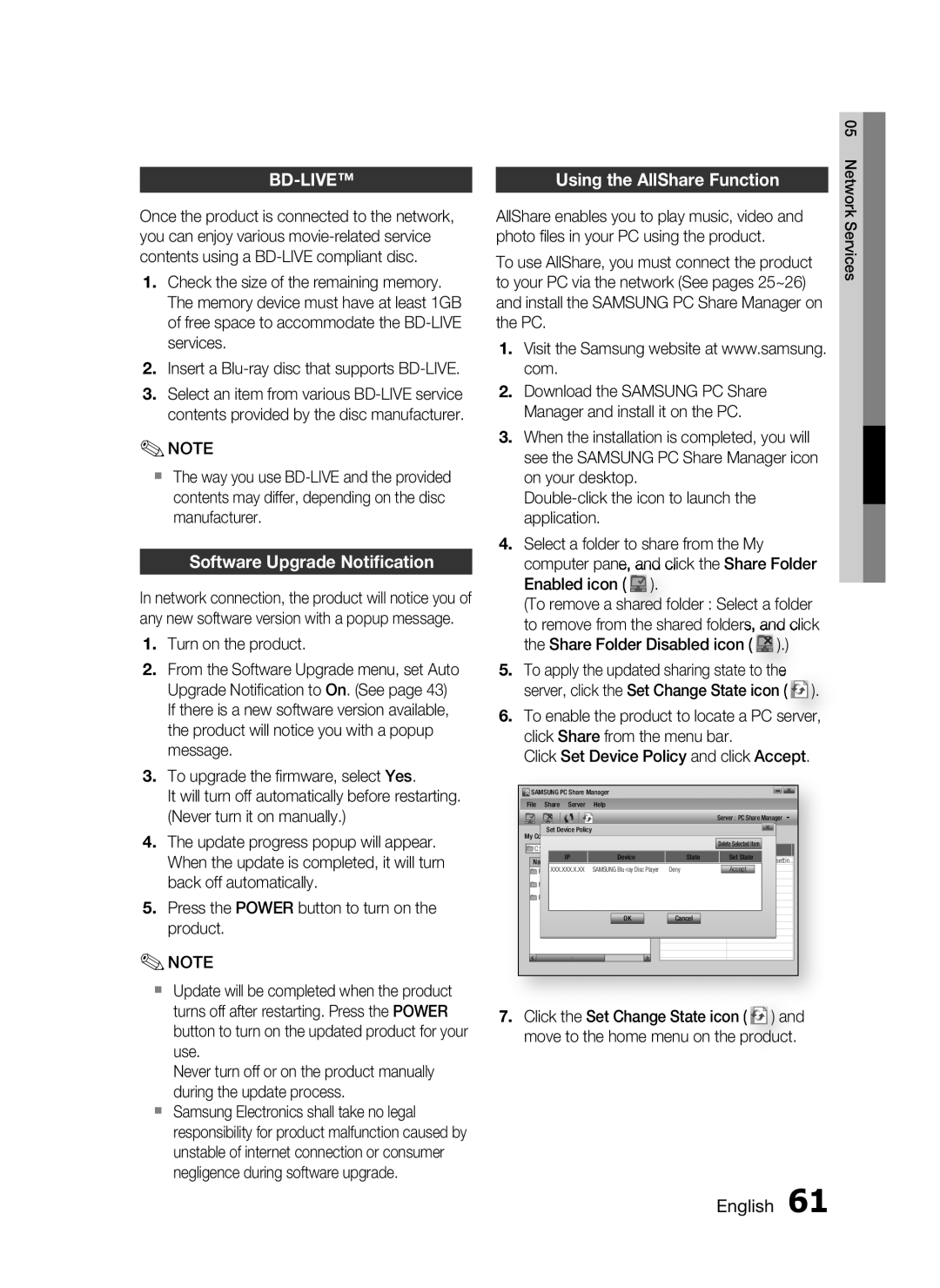 Samsung HT-C5900/EDC, HT-C5900/XEN, HT-C5900/XEF, HT-C5900/XEE Software Upgrade Notiﬁcation, Using the AllShare Function 