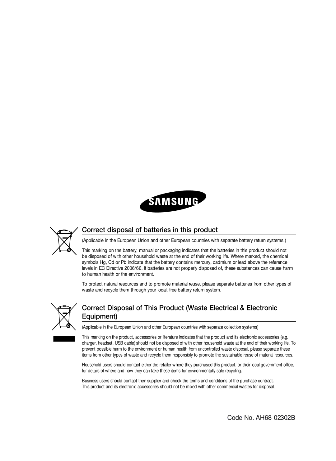 Samsung HT-C5900/EDC, HT-C5900/XEN, HT-C5900/XEF, HT-C5900/XEE manual Correct disposal of batteries in this product 