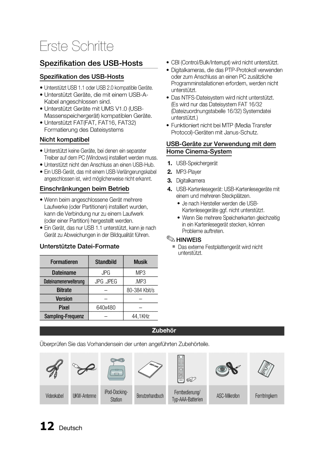 Samsung HT-C5900/XEN, HT-C5900/EDC manual Speziﬁkation des USB-Hosts, Zubehör 