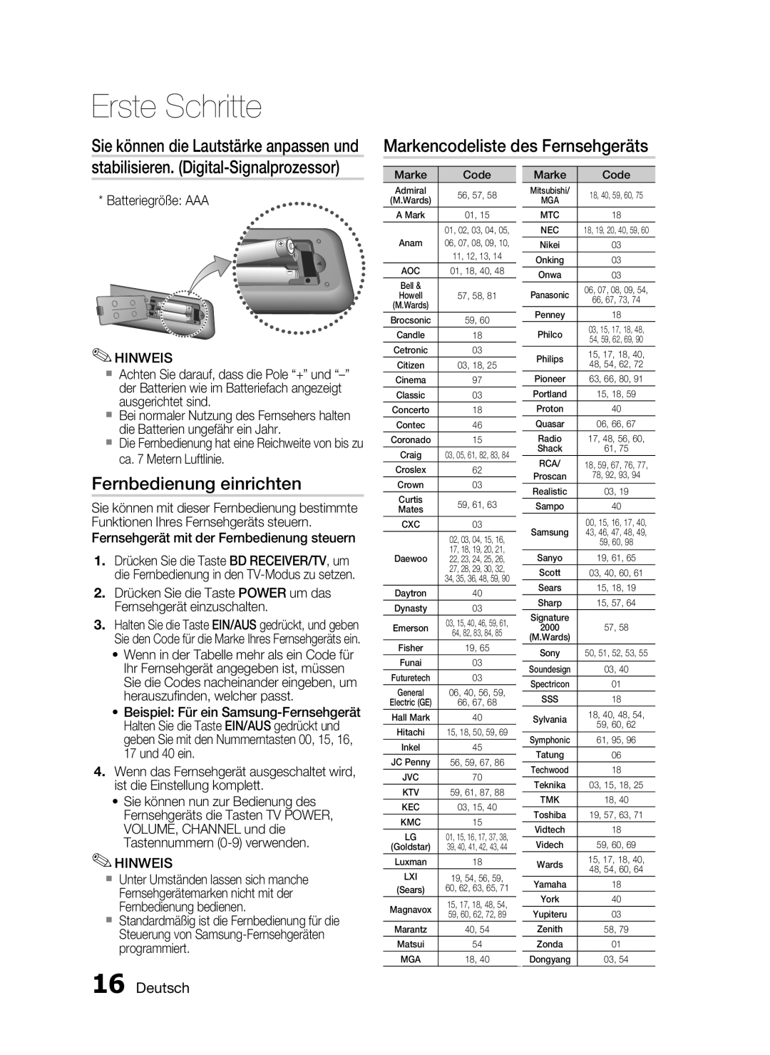 Samsung HT-C5900/XEN manual Markencodeliste des Fernsehgeräts, Fernbedienung einrichten, Batteriegröße AAA, Marke Code 