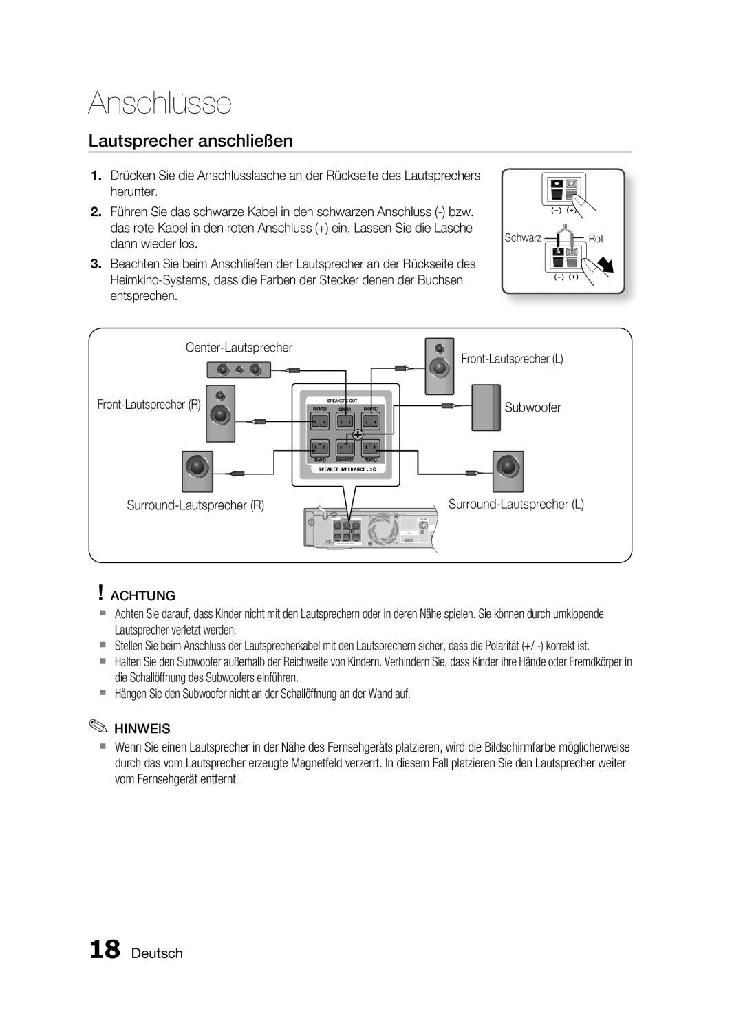 Samsung HT-C5900/XEN, HT-C5900/EDC manual Lautsprecher anschließen, Center-Lautsprecher Front-Lautsprecher R, Schwarz 