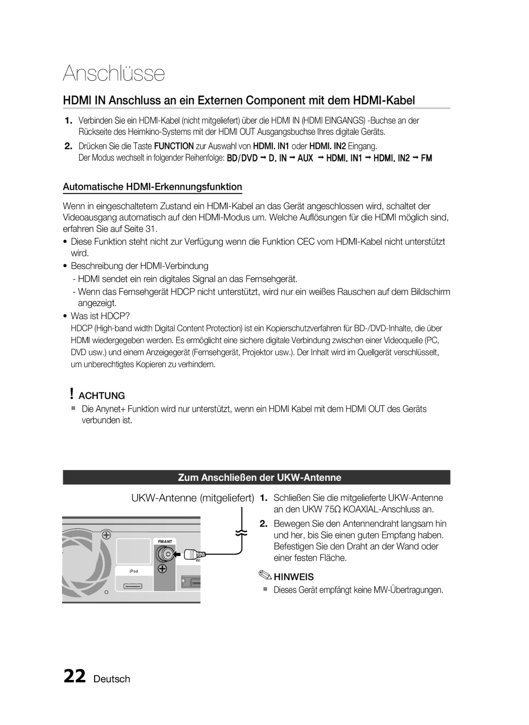 Samsung HT-C5900/XEN manual Automatische HDMI-Erkennungsfunktion, Zum Anschließen der UKW-Antenne, UKW-Antenne mitgeliefert 