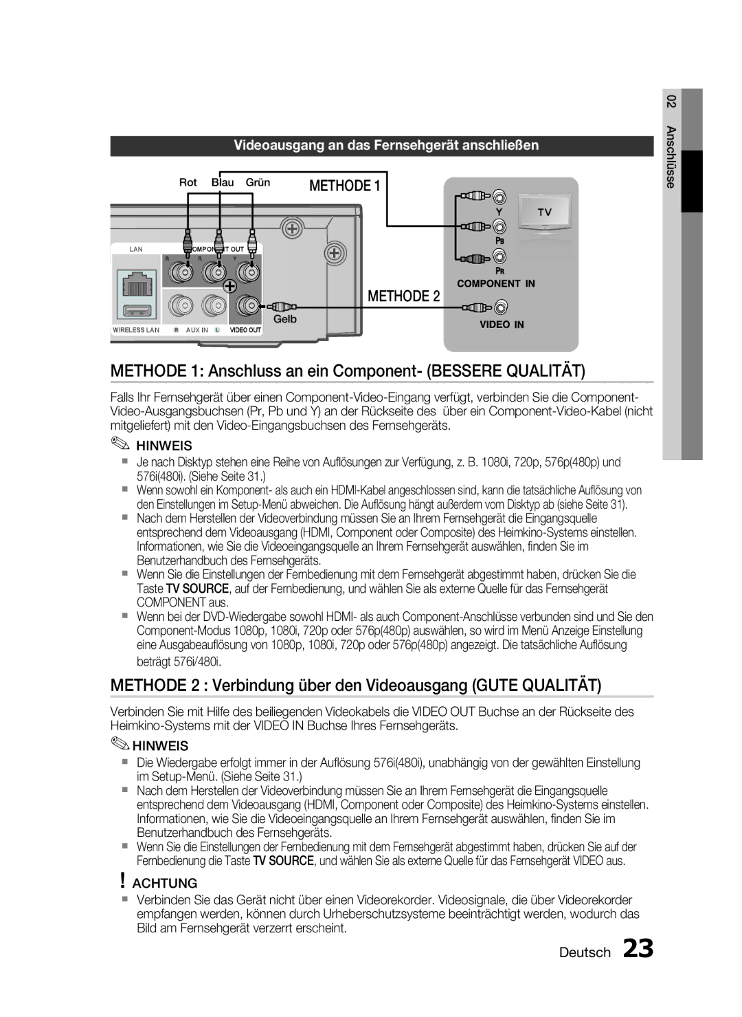 Samsung HT-C5900/EDC Methode 1 Anschluss an ein Component- Bessere Qualität, Videoausgang an das Fernsehgerät anschließen 