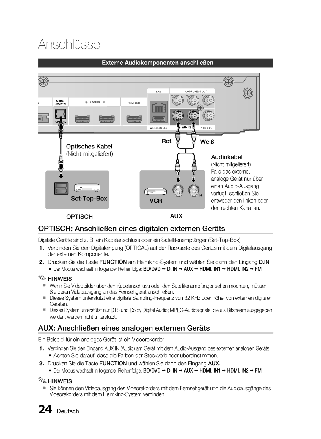 Samsung HT-C5900/XEN Optisch Anschließen eines digitalen externen Geräts, AUX Anschließen eines analogen externen Geräts 