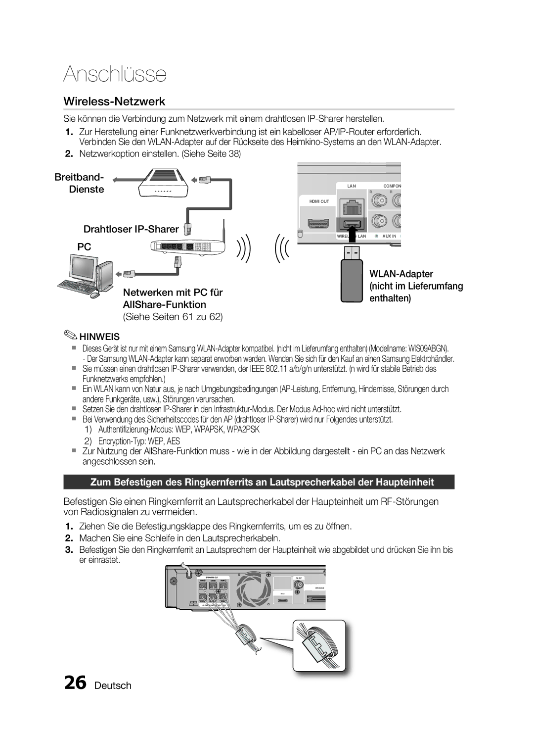 Samsung HT-C5900/XEN manual Breitband Dienste Drahtloser IP-Sharer, WLAN-Adapter, Netzwerkoption einstellen. Siehe Seite 