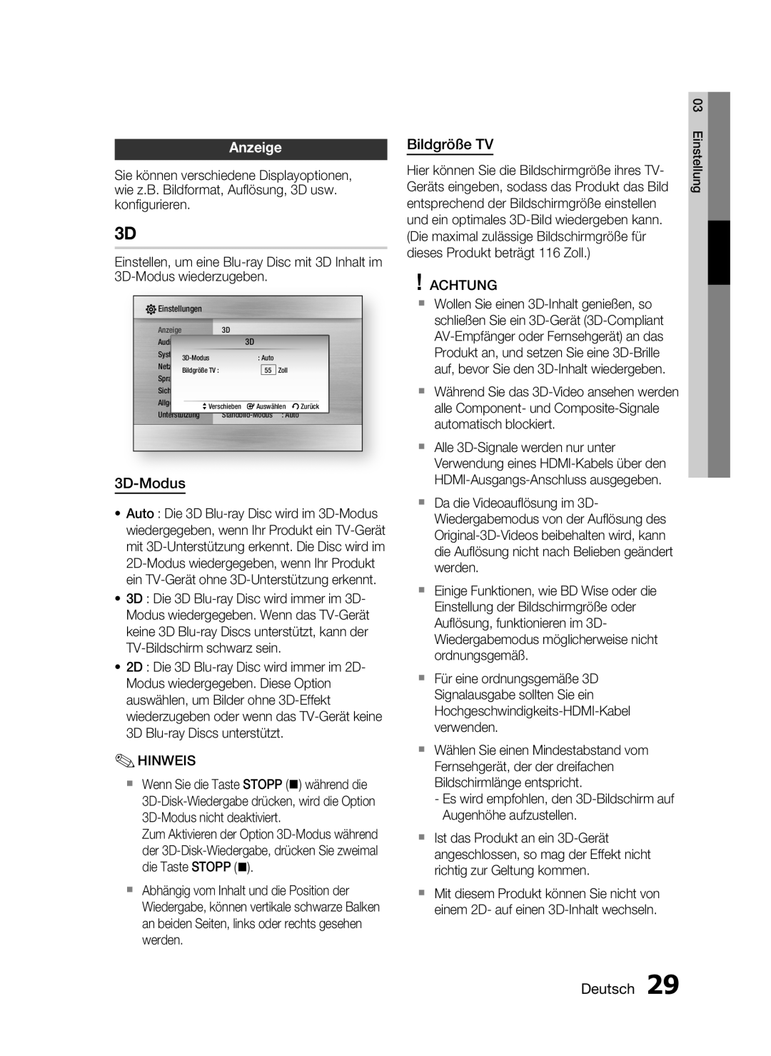 Samsung HT-C5900/EDC, HT-C5900/XEN manual Anzeige, 3D-Modus, Bildgröße TV 