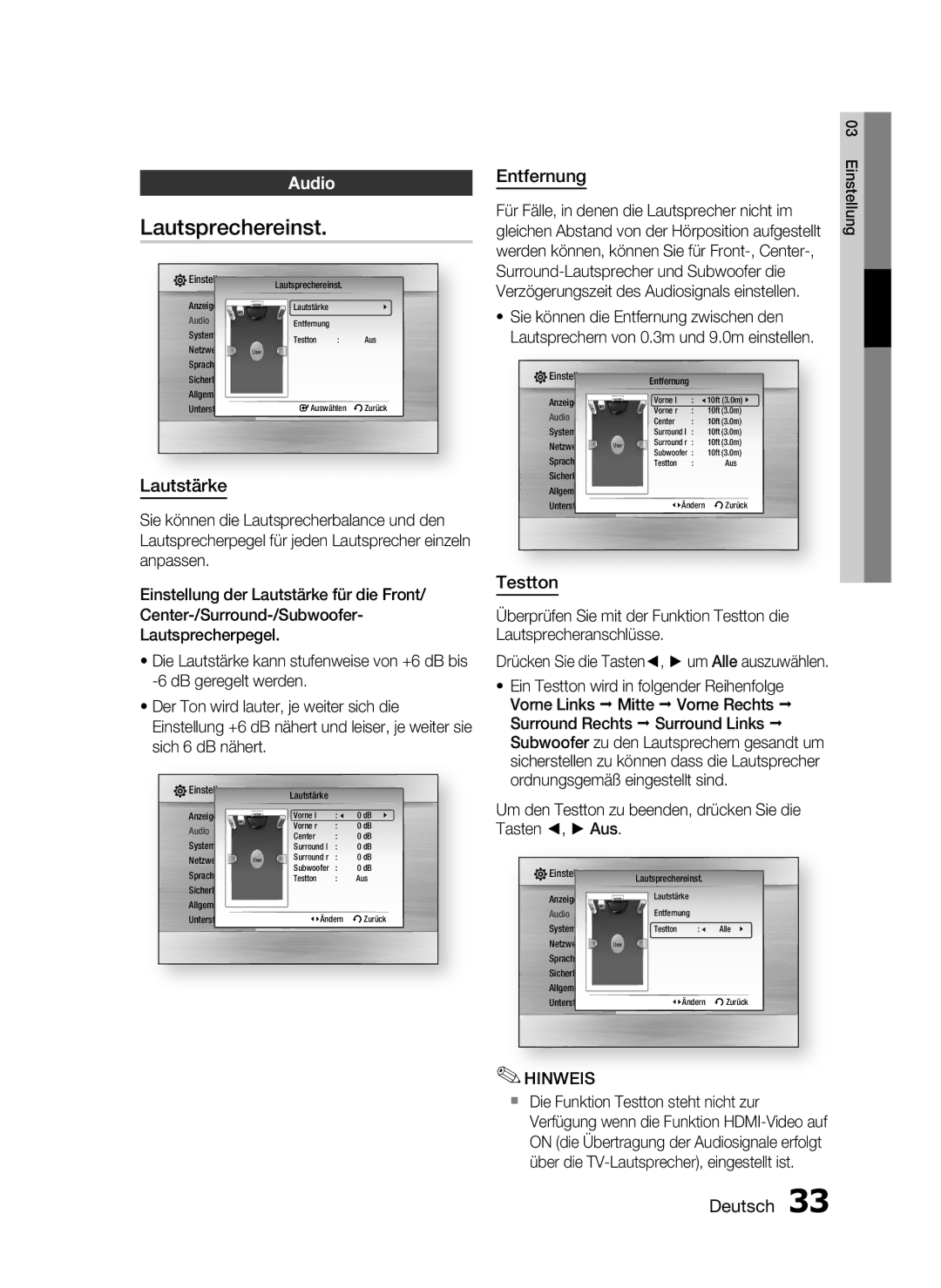 Samsung HT-C5900/EDC, HT-C5900/XEN manual Lautsprechereinst, Audio, Lautstärke, Entfernung, Testton 