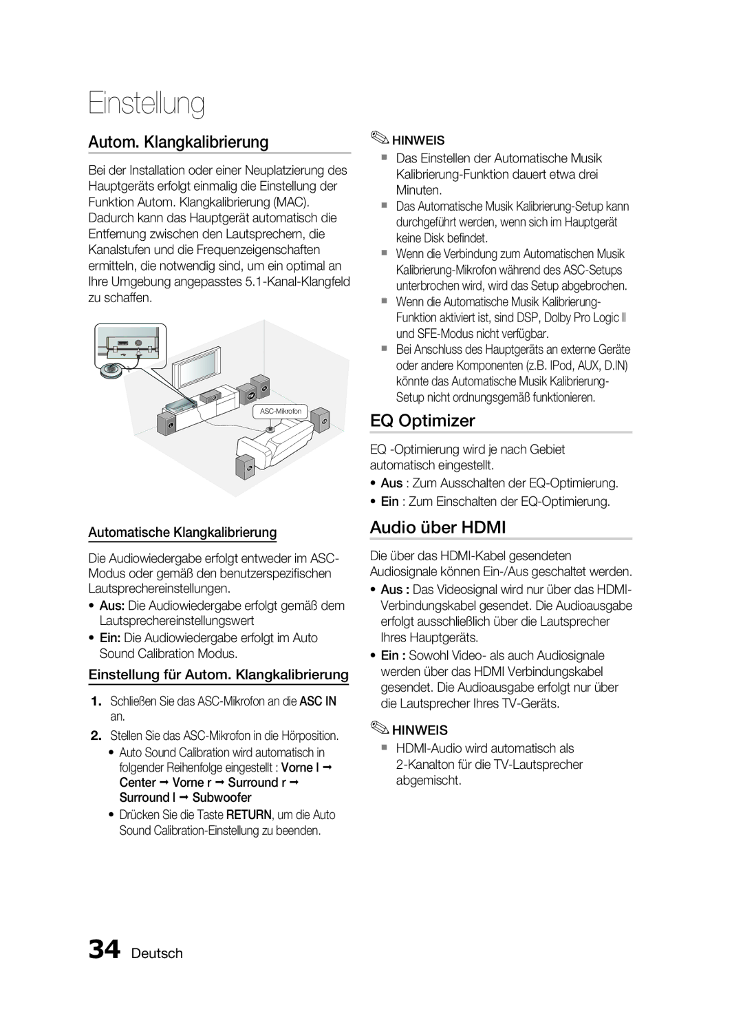 Samsung HT-C5900/XEN, HT-C5900/EDC Autom. Klangkalibrierung, EQ Optimizer, Audio über Hdmi, Automatische Klangkalibrierung 