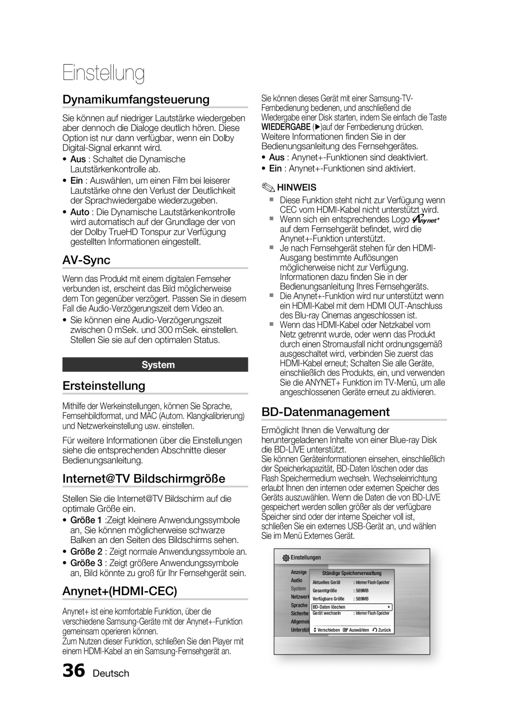 Samsung HT-C5900/XEN manual Dynamikumfangsteuerung, AV-Sync, Ersteinstellung, Internet@TV Bildschirmgröße, Anynet+HDMI-CEC 