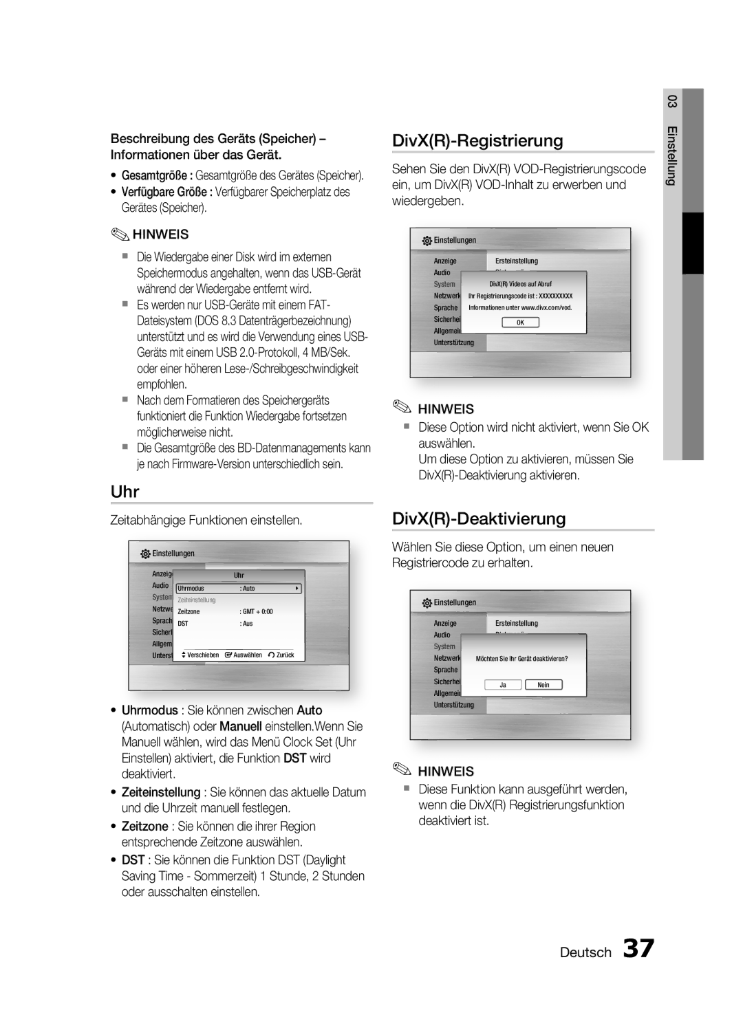 Samsung HT-C5900/EDC, HT-C5900/XEN manual Uhr, DivXR-Registrierung, DivXR-Deaktivierung, Zeitabhängige Funktionen einstellen 