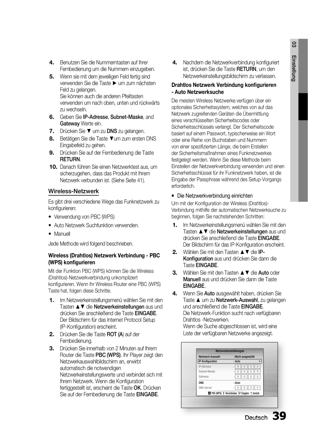 Samsung HT-C5900/EDC, HT-C5900/XEN manual Wireless-Netzwerk, Return,  Die Netzwerkverbindung einrichten 