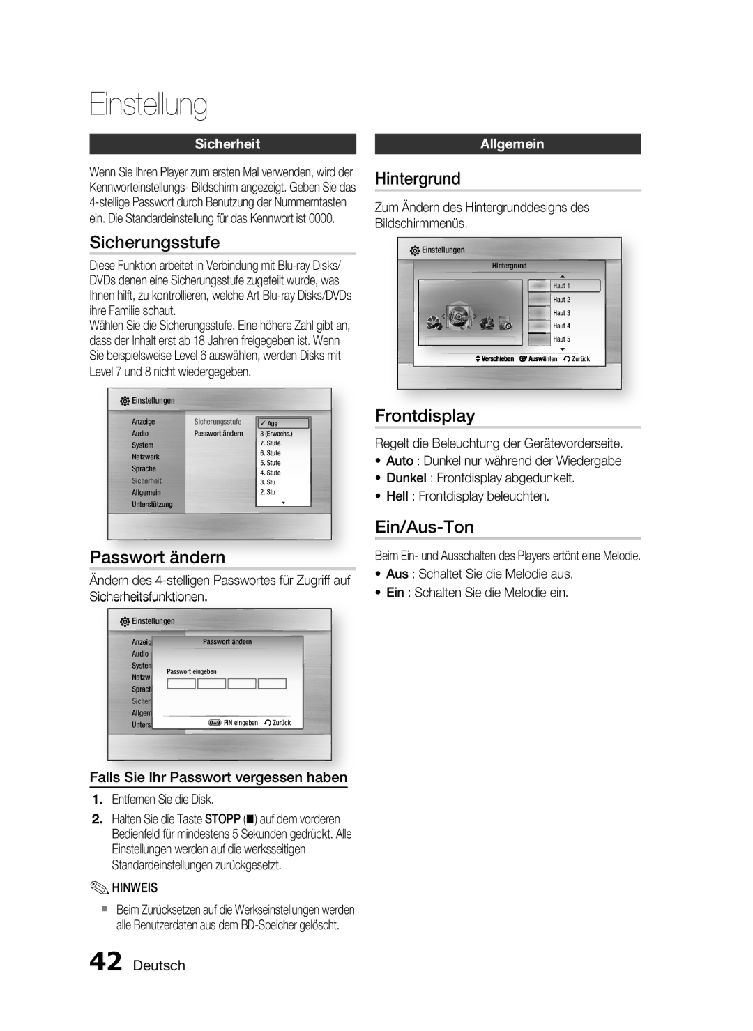 Samsung HT-C5900/XEN, HT-C5900/EDC manual Sicherungsstufe, Passwort ändern, Hintergrund, Frontdisplay, Ein/Aus-Ton 