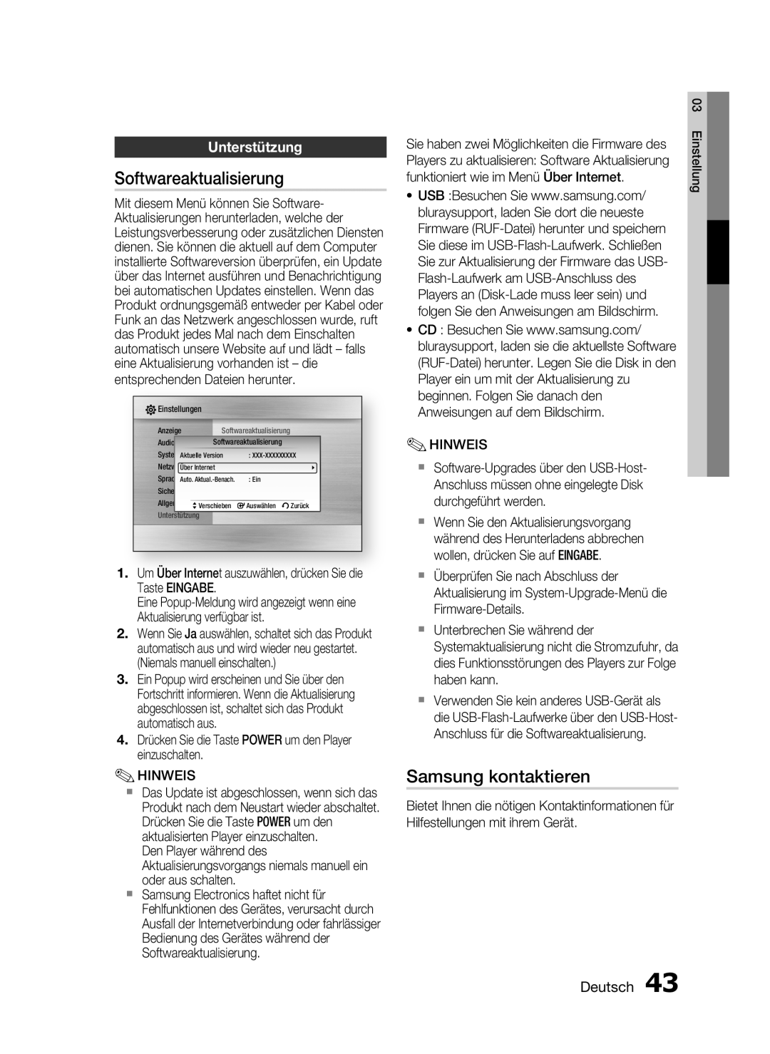 Samsung HT-C5900/EDC, HT-C5900/XEN manual Softwareaktualisierung, Samsung kontaktieren, Unterstützung 